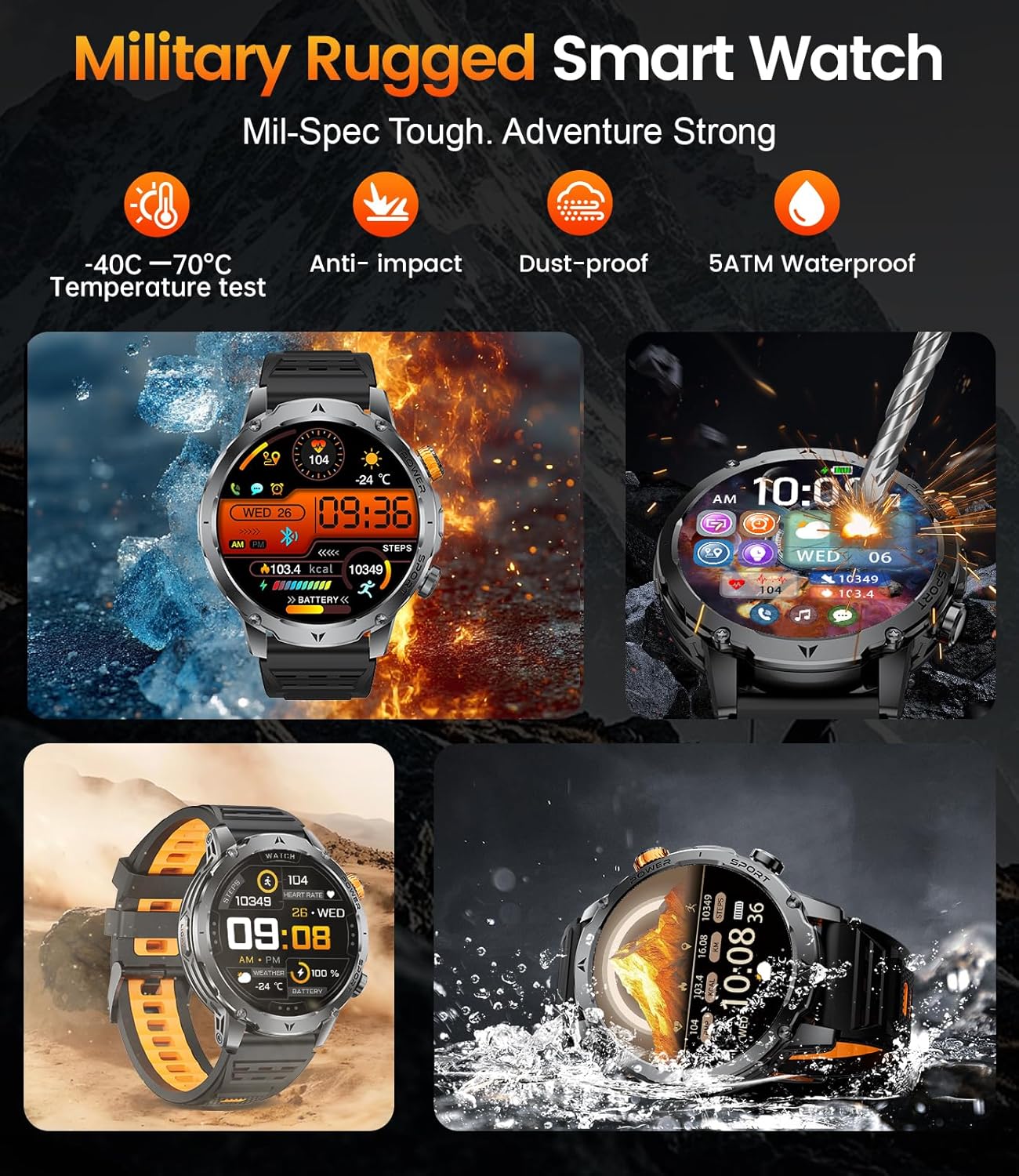 LIGE Military Smart Watches for Men(3 Bands),1000mAh Battery/1.7" HD Large Screen Smartwatch, Flashlight/120+ Sports Modes/Sleep Monitor, 5ATM Waterproof Fitness Tracker Watch for Android iOS,Black