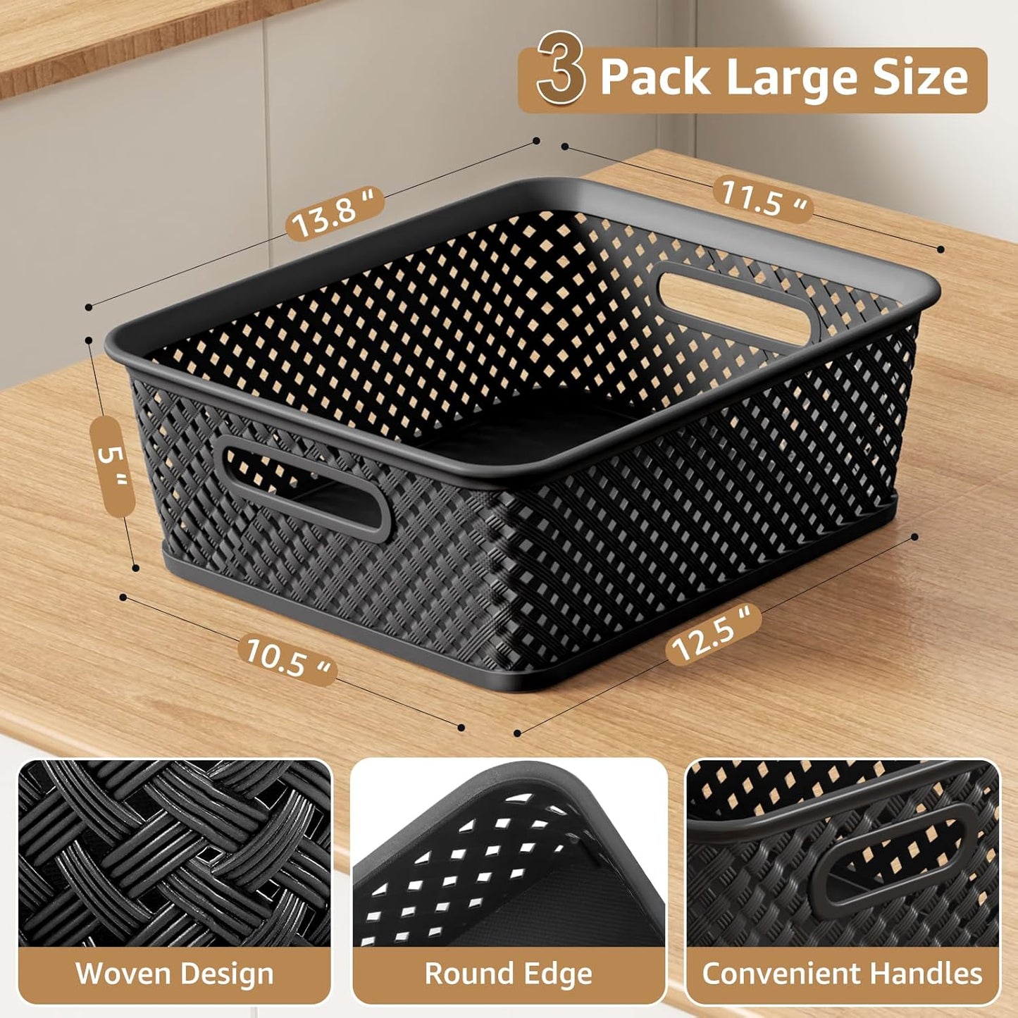 MaxGear Organization and Storage 3 Packs, Plastic Bins Organizer Bins, Woven Baskets for Storage, Plastic Baskets with Handles, Black Basket for Organizing, Basket Organizer for Home and Office, Large