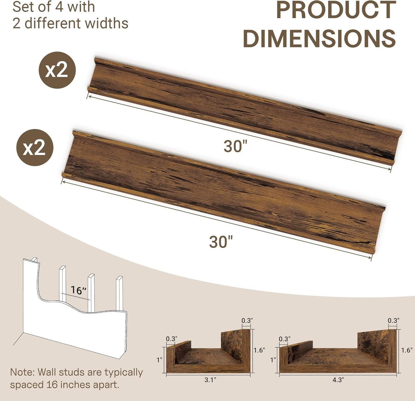 Fun Memories Picture Ledge Shelf - 30 Inches Floating Shelves Set of 4 - Floating Shelves with Lip for Storage - Wood Bookshelf Wall Mounted for Bedroom - Living Room - Kitchen - Rustic Brown