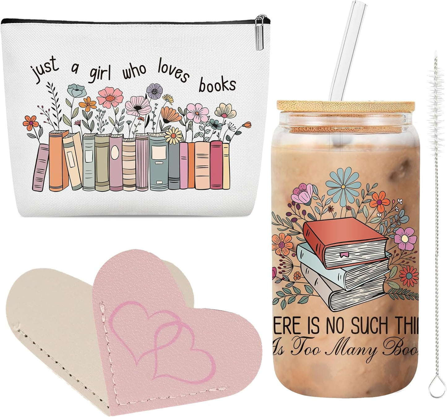 Book Lovers Gifts for Women, 5 Pcs Bookish Gift, Includes 16 oz Glass, Makeup Bag, 2 Heart Leather Bookmark, Christmas Mother's Day Birthday Present for Bookworm