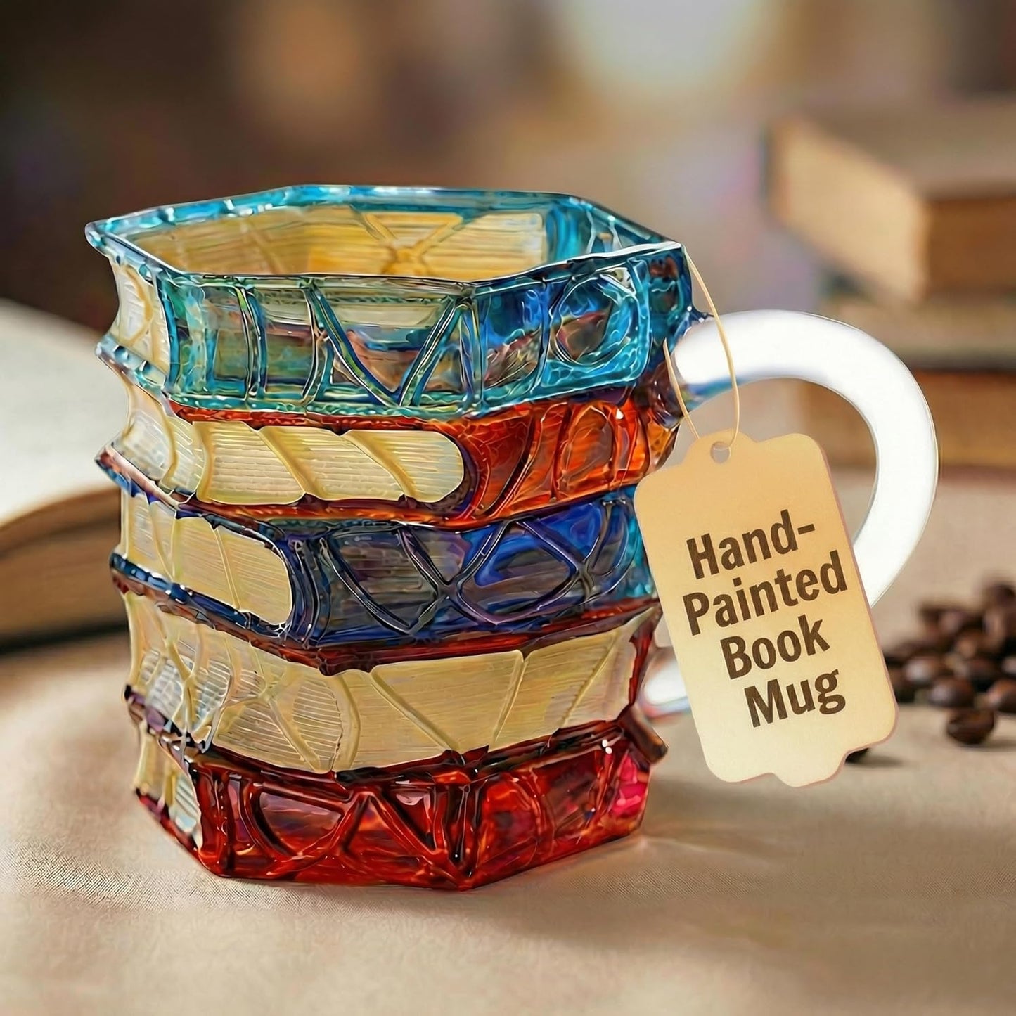 Chapter Book Mug Glass 3D Book Mugs for Gift, Painted Book Coffee Cup with Stack Design 7oz Artistic Reading Coffee Cup with Handle for Readers, Bookworm, Ideal Gift for Christmas, Birthday