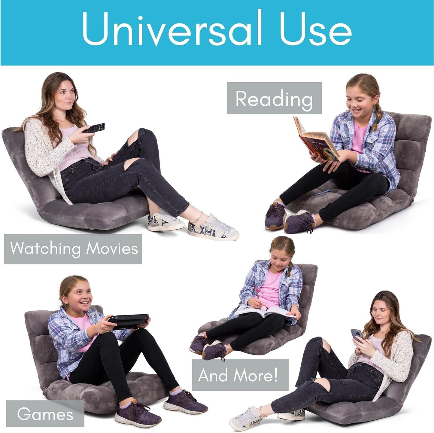 BIRDROCK HOME Adjustable Memory Foam Floor Chair - Ideal for Gaming, Reading, Meditation - Comfortable and Versatile - Suitable for Kids and Teenagers - Comfy Foldable Floor Seat - Grey