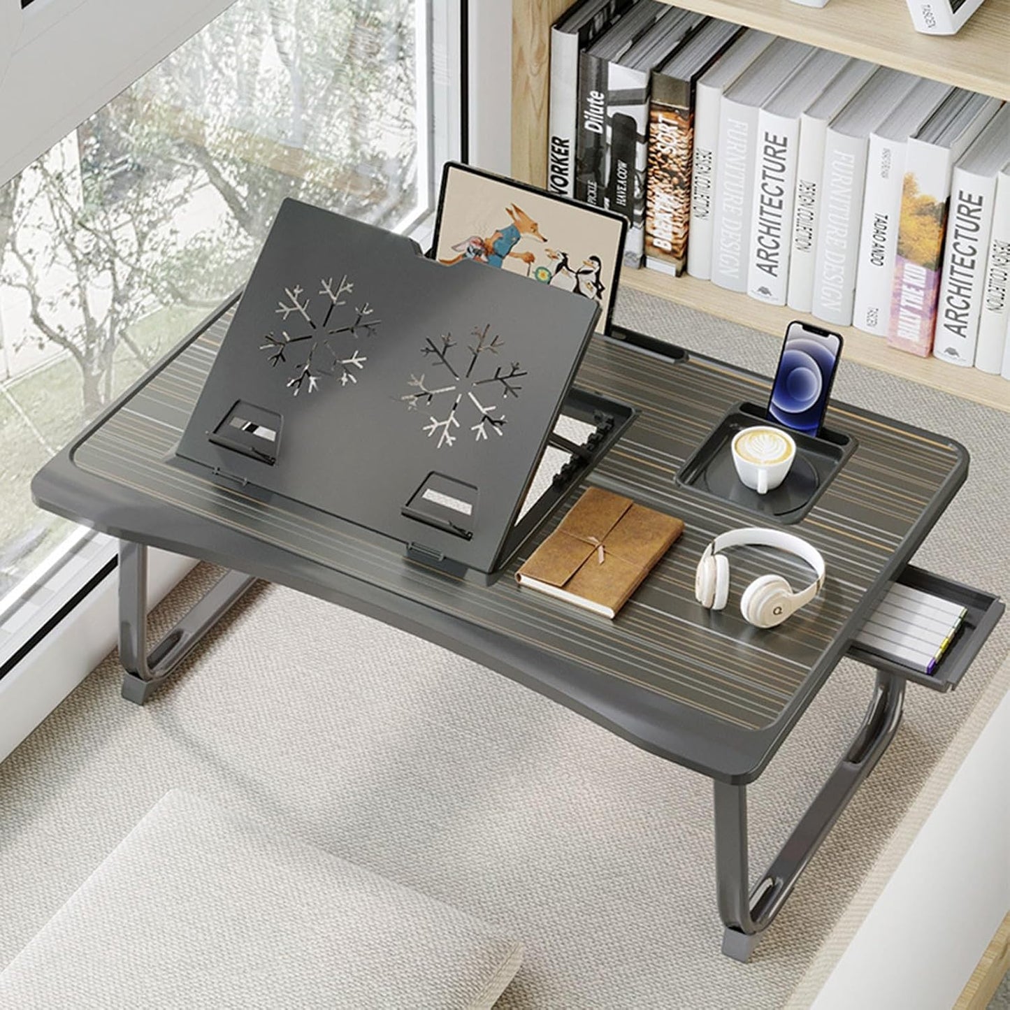 Laptop Desk for Bed, Adjustable Laptops Stand with 6 Different Angles, Portable Lap Tray Table with Storage Drawer and Cup Holder, Laptop Bed Desk Tray for Eating Working Writing Reading (Black)