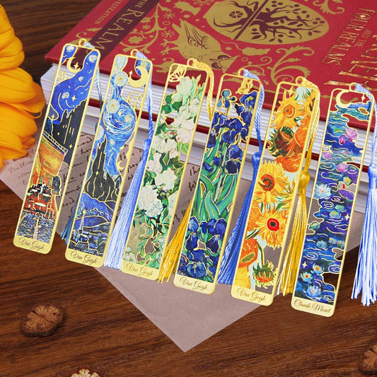 Metal Bookmarks with Tassel, Golden Van Gogh Monet Oil Painting Theme Cute Hollow Book Markers for Reading Women, Teachers, Students, Book Lovers, Reading Accessories Gifts for Book Lovers (6PCS)