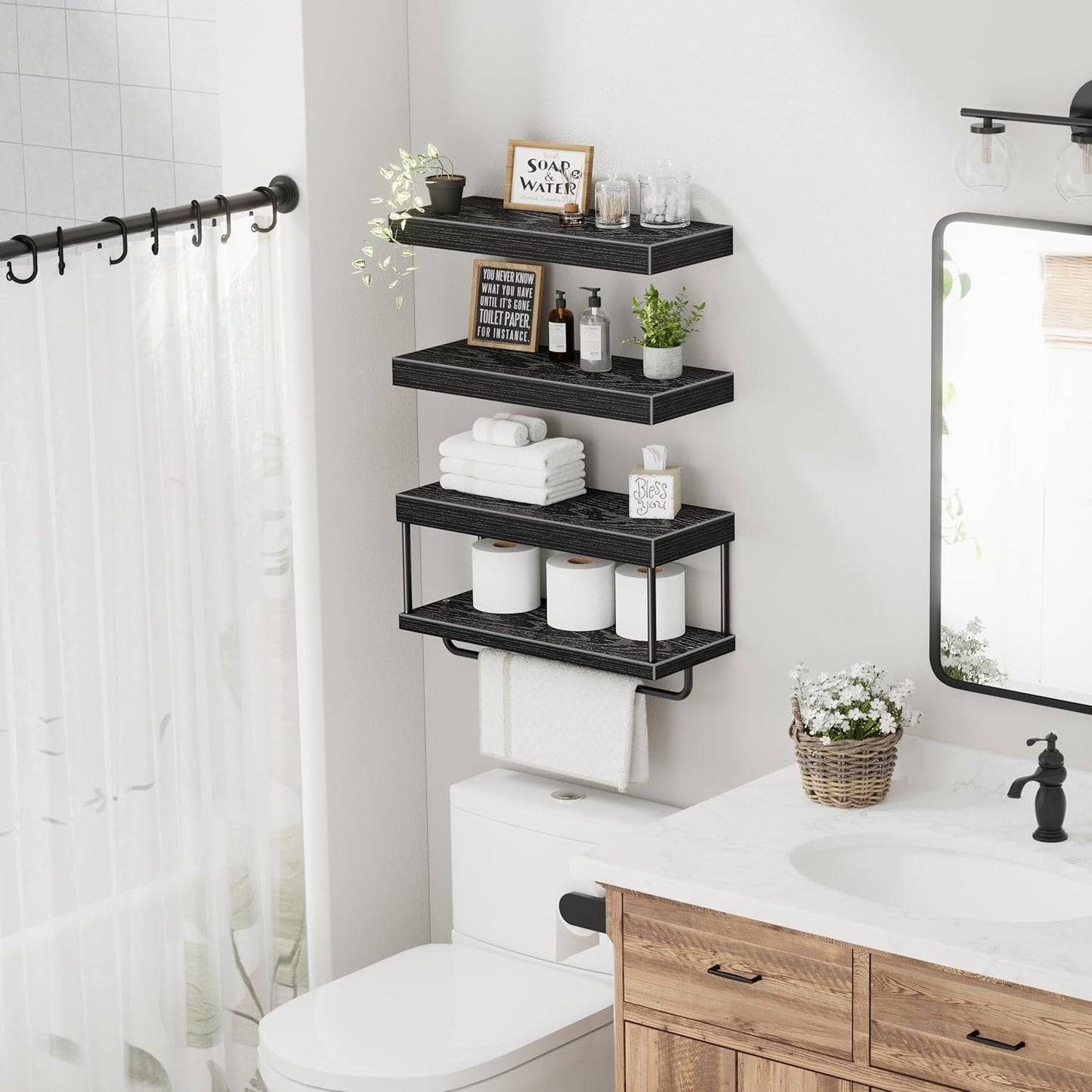 QEEIG Bathroom Floating Shelves Over Toilet - Wall Mounted Shelf Toilet Paper Storage Farmhouse 16 inch Set of 3, Black (027-40B3)
