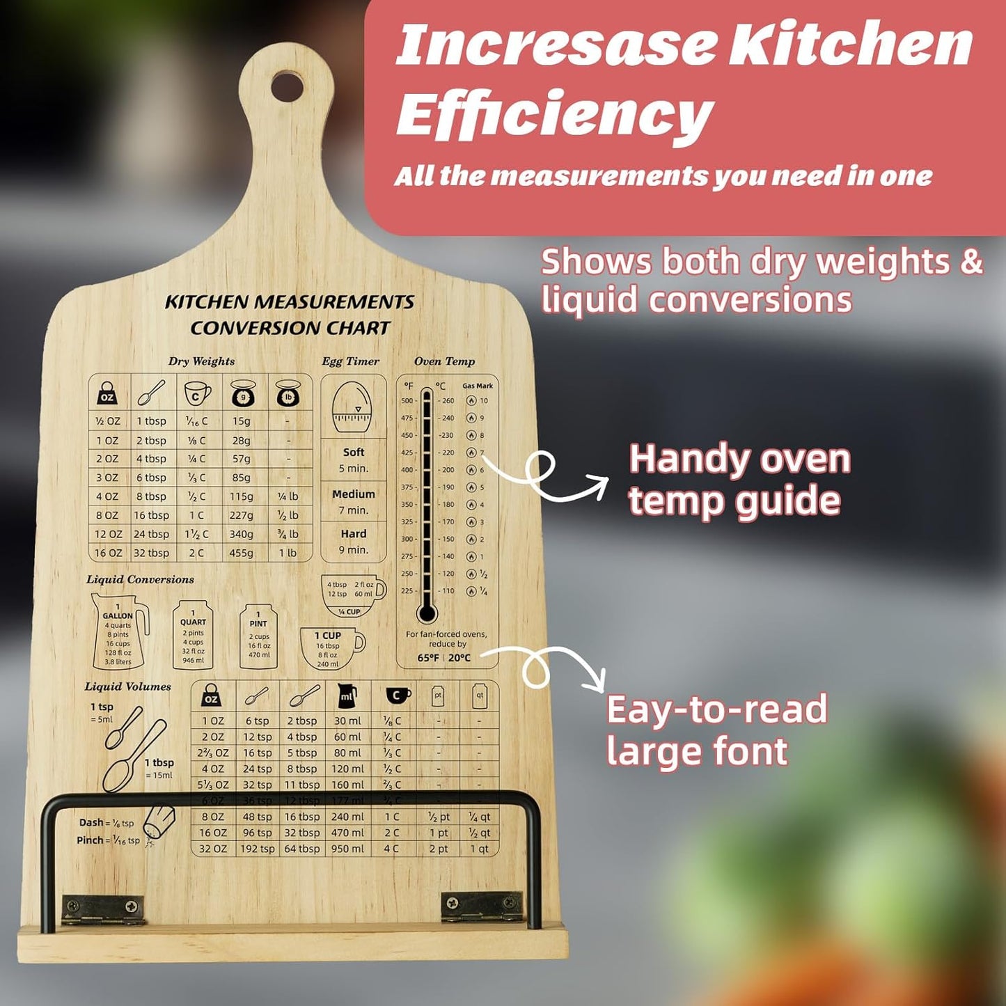 Kitchen Conversion Chart Cookbook Stand, Wood Cook Book Holder, Recipe Cookbook Holder Stand with Kitchen Counters, Baking Valentines Day Birthday Gifts for Women, Accessiores for Holding Cookbooks