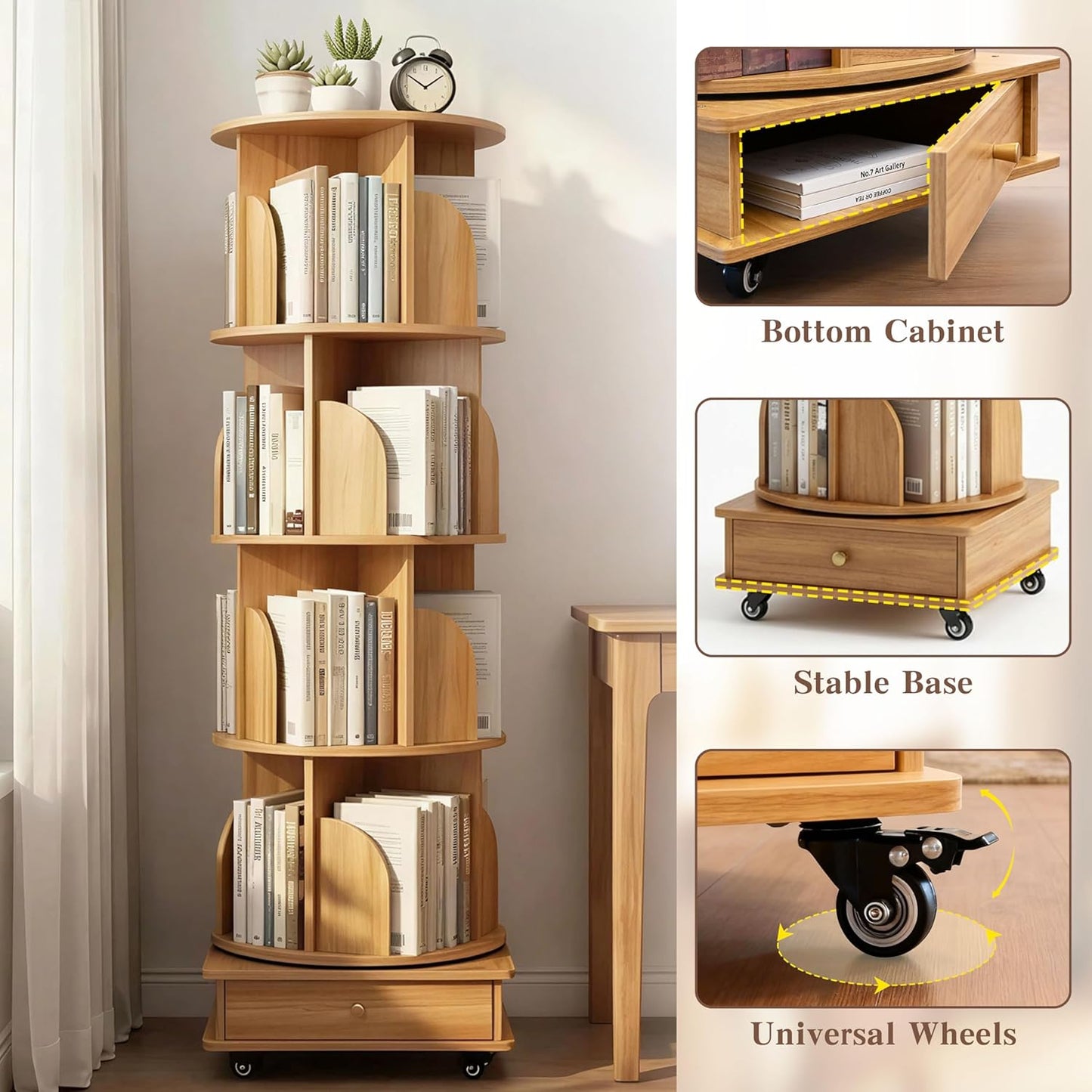 5-Tier 360° Rotating Bookshelf with Lockable Wheels & Drawer, Space-Saving Corner Unit, Holds 50 Books/Tier & Adjustable Height, Natural Wood MDF Storage for Bedroom, Office, Living Room
