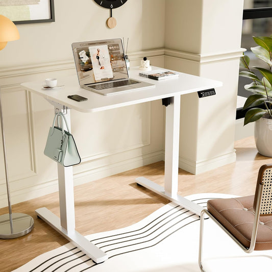 ERGOMAKER Electric Standing Desk, 31.5" x 23.6" Height Adjustable Sit Stand Desk with Splice Board for Home Office, Computer Desk Memory Preset (White Frame, White Desktop)