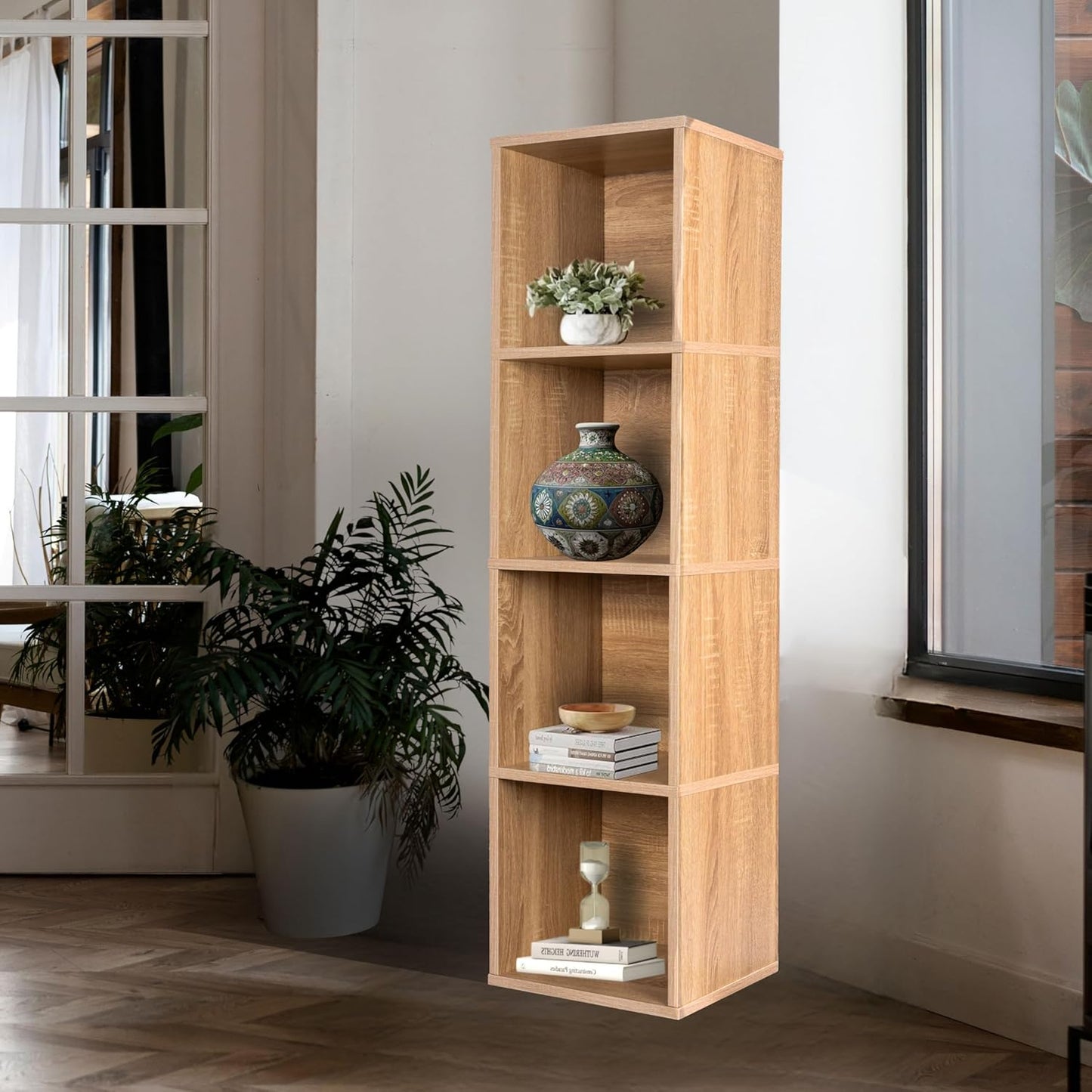 Cube Storage Organizer Wooden Bookshelf, 3 Tier Cube Shelf Bookcase, Small Bookshelf Storage Organizer, Narrow Cube Storage Shelf for Bedroom, Small Bookshelf for Living Room and Office (4 cube)