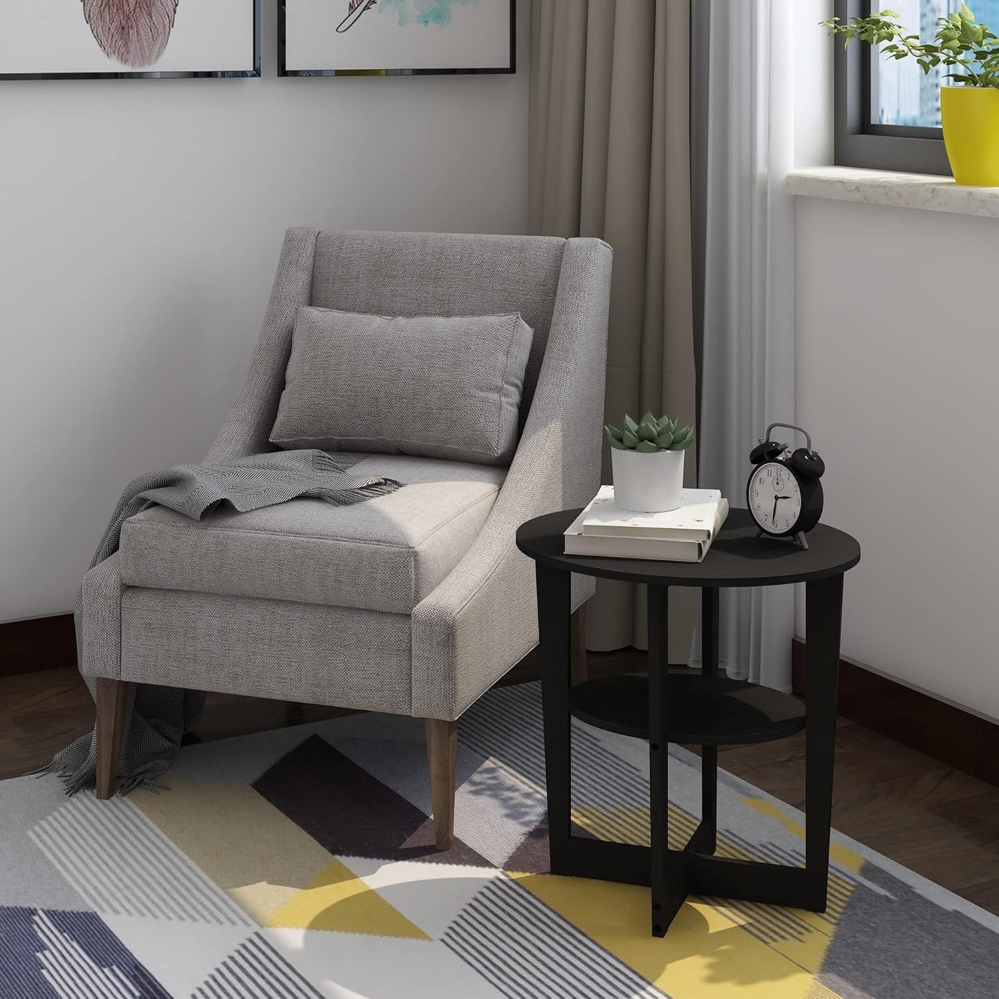 Furinno JAYA Side Table Set of 2, 2-Tier Round End Table with Oval Tabletop, Night Stand, Bedside Table with Open Shelf, for Living Room, Bedroom, Walnut