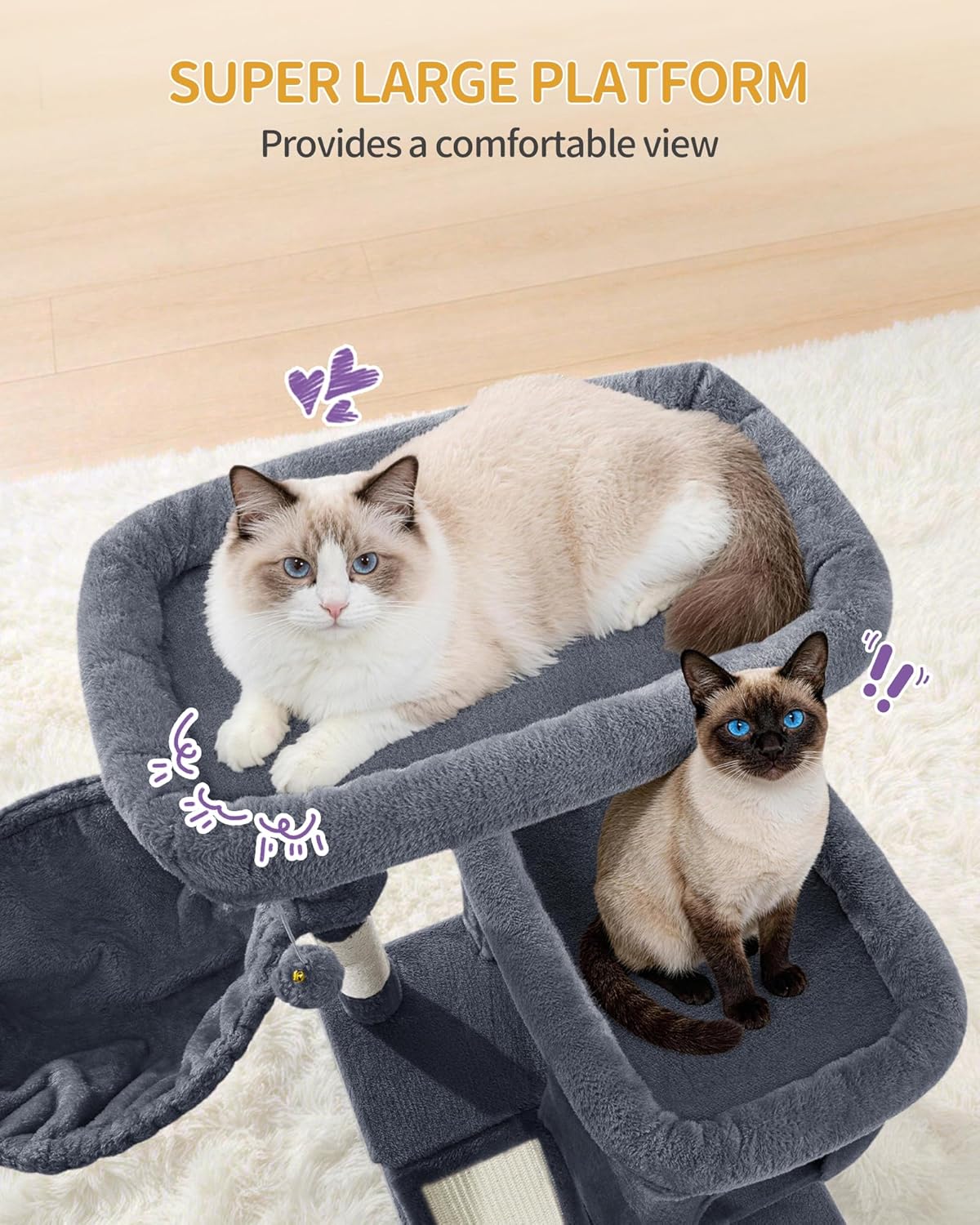 Large Sturdy Cat Tree Tower, 75 Inch Tall Pet Condo for 7 Large Cats, Cat Tree Indoor Climbing Activity Tower, 2 Large Platform/2 Cave/2 Hanging Basket/5 Scratching Post, Dark Grey MS19018SG