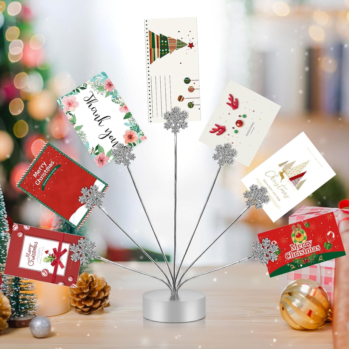 7-Branch Family Desktop Photo Tree Holder Clip Round Base, Card Picture and Memo Desk Frame Display Stand for Wedding Party Christmas Photo Clip Holder Table Numbers (Snowflake)
