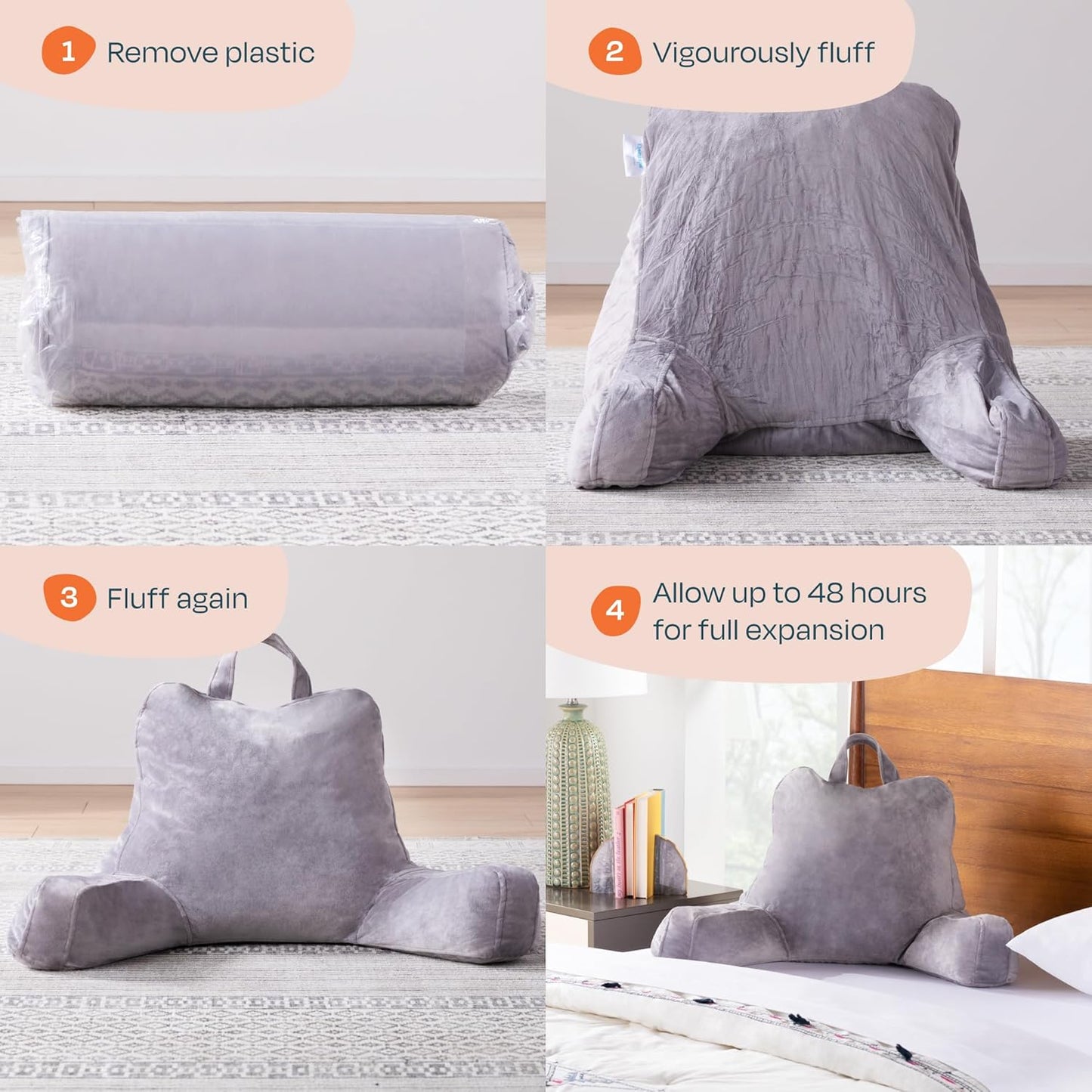 Linenspa Reading Pillow with Shredded Memory Foam- Back Pillow for Sitting in Bed, Reading, Gaming, Watching TV – Chair with Arms, Dorm Room Essentials, Stone
