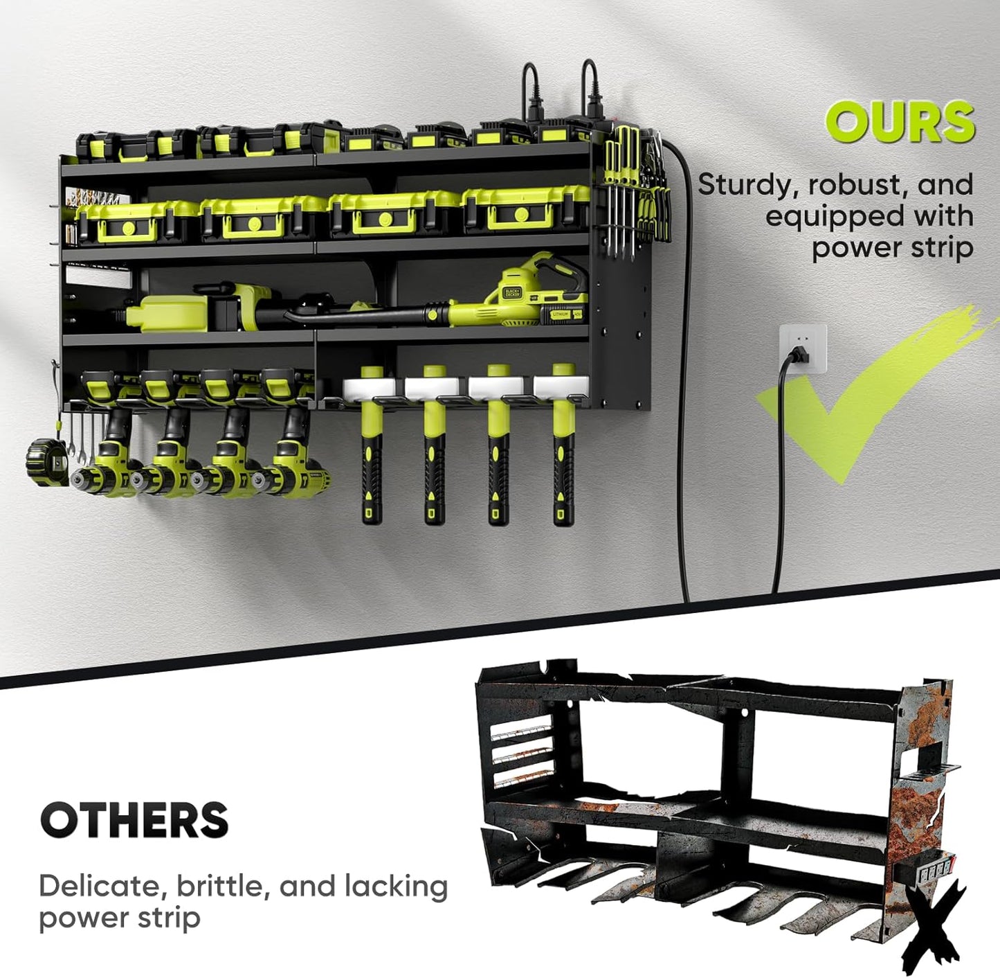 Large Power Tool Organizer Wall Mount with Charging Station,4 Layer Heavy Duty Metal Tool Storage Rack Loads 600lbs with 8 Cordless Drill Holder,Battery Utility Rack Loads with 4 Power Strip