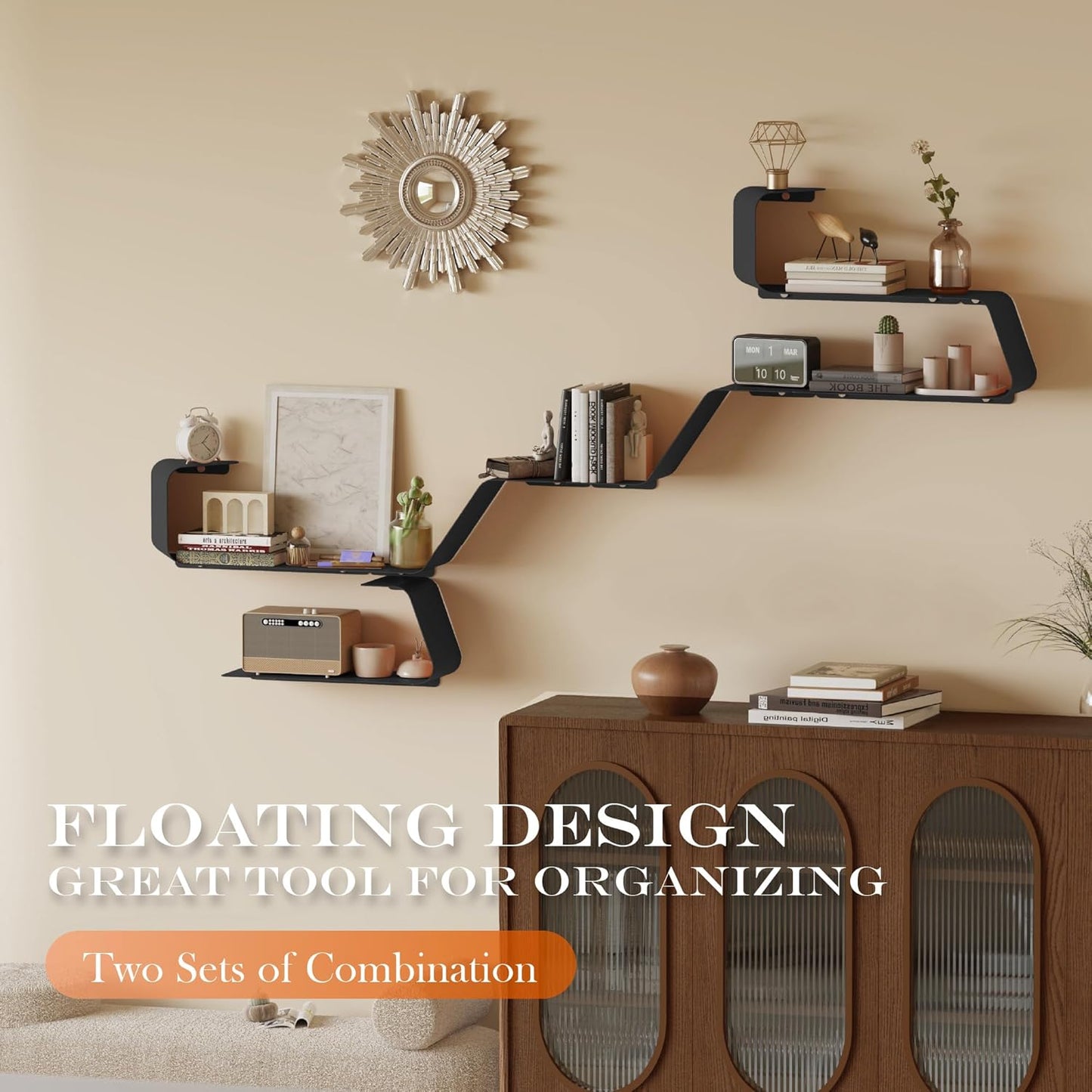 Floating Wall Shelves — Set of 3, Wall-Mounted Metal, Black