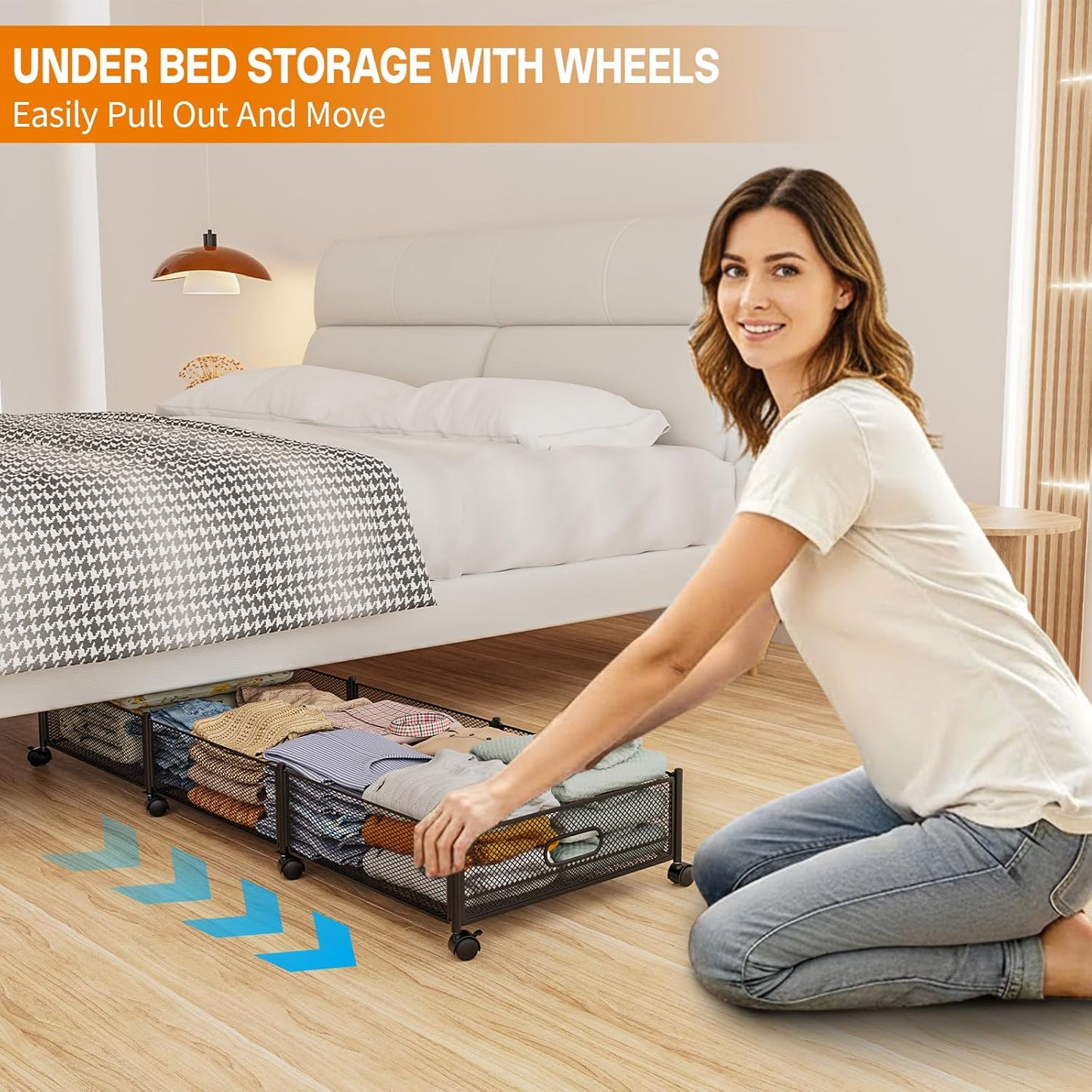 Under Bed Storage With Wheels, 47.2''/90lbs/57.6L, Metal Frame Under Bed Rolling Storage, Tool-Free Assembly Underbed Drawers, Underbed Organizer Containers for Shoes, Clothes and Toys (2 Pack)