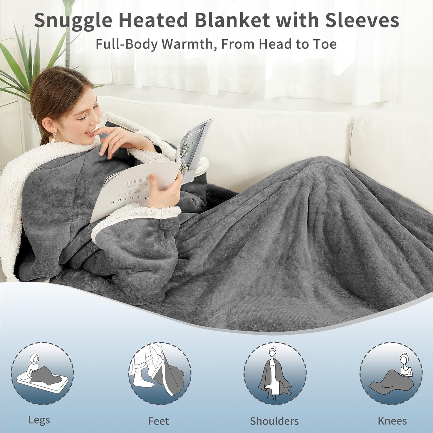 ESTINGO Wearable Electric Throw Heated Blanket with Foot Pocket, Heated Electric Blanket with Sleeves, 6 Heating Levels and 1-4H Timer, Heated Hoodie Women for Mom Grandma 50"×70" Grey