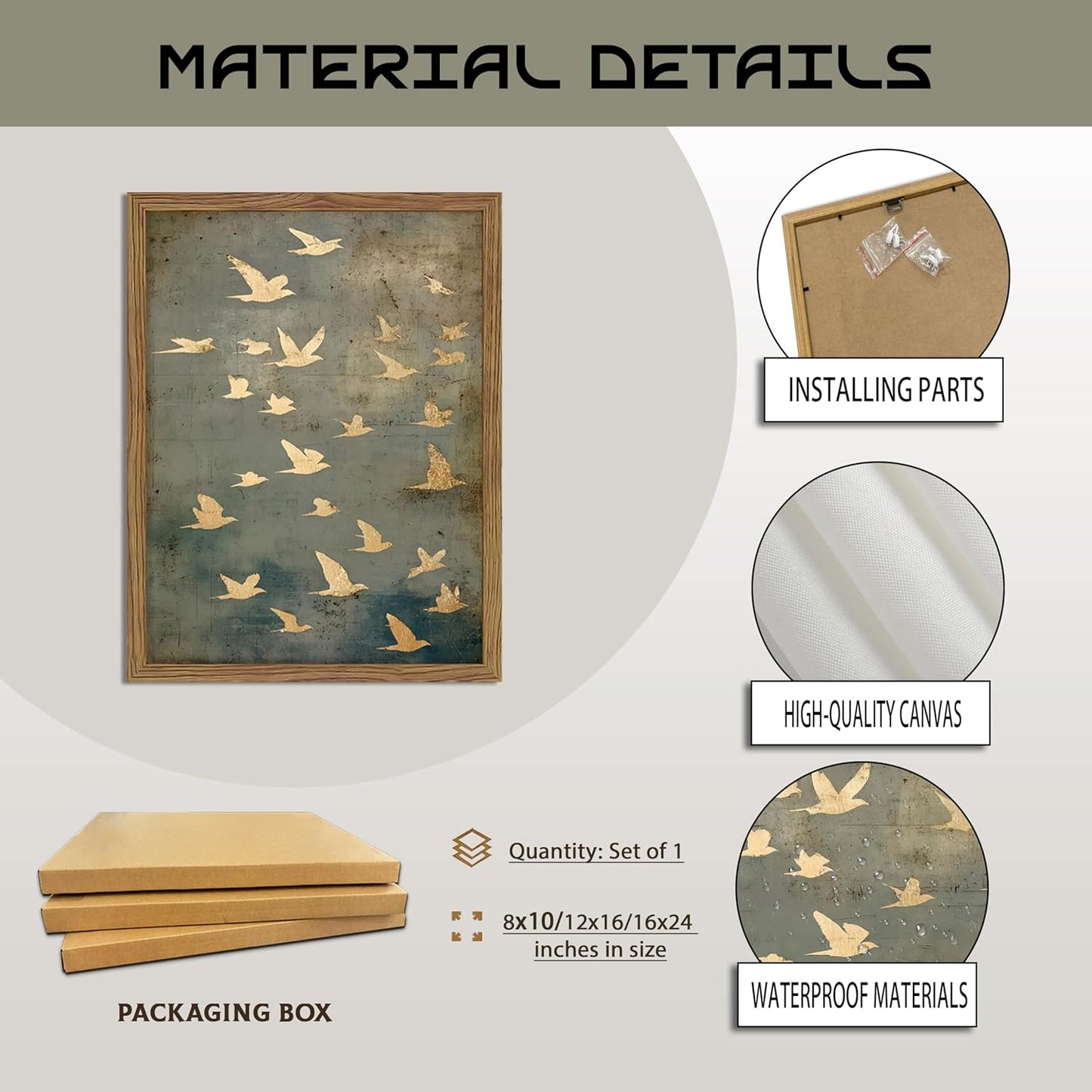 Framed Flock of Birds Canvas Wall Art, Vintage Minimalist Abstract Landscape Painting, Neutral Gold Birds Spiritual Wall Decor, Modern Aesthetic Pictures for Bedroom Living Room 8x10 inch
