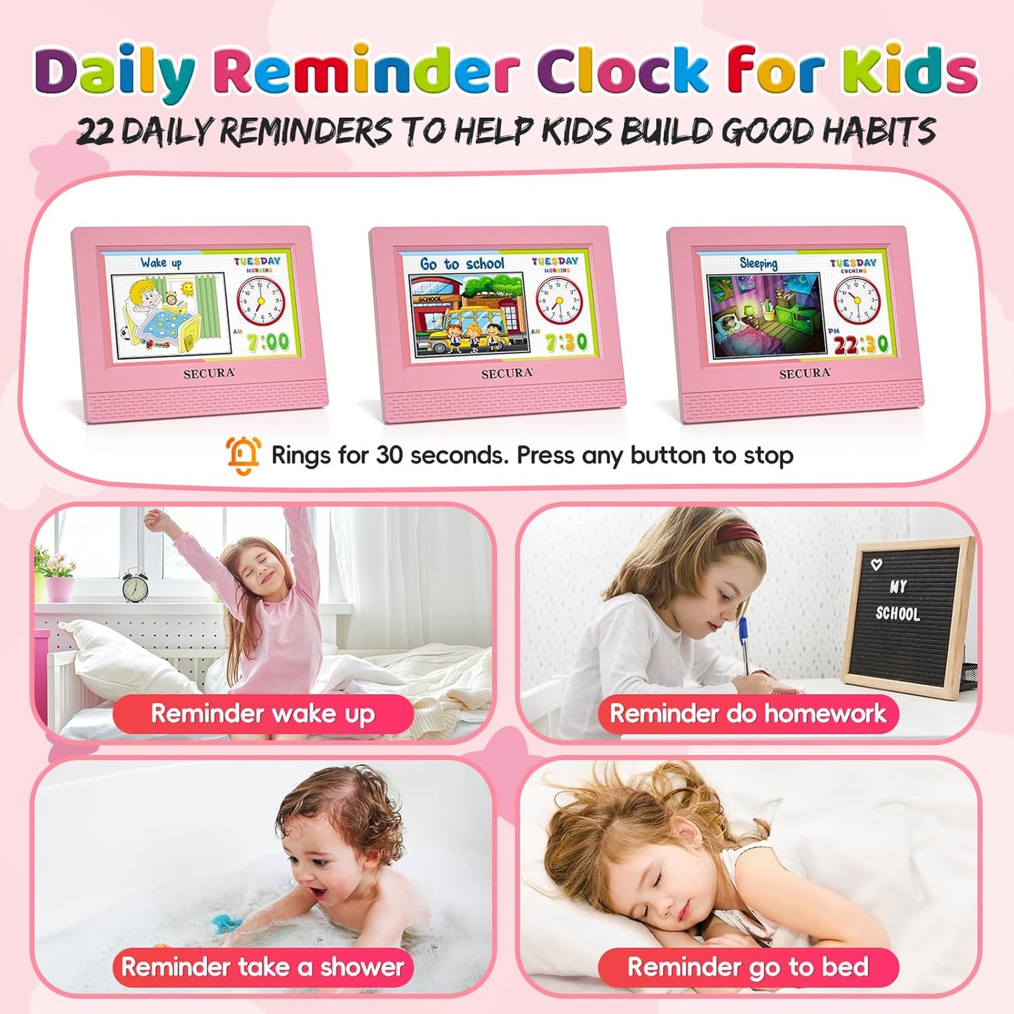 Secura TimeTact Reminder for Kids, 7" LED Talking Alarm Clock with Countdown Visual Timer, 17 Daily Reminders & 5 Custom Alarms Habit Reminder and Scheduler (Pink)
