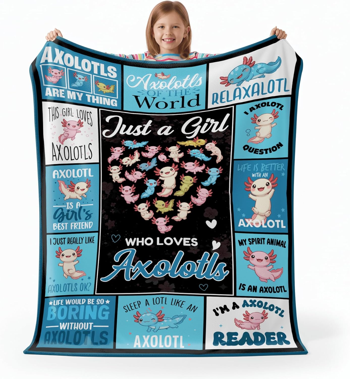 Axolotl Blanket for Girls & Women, Cute Axolotl Gifts for Kids, Teens, Flannel Throw Blanket 50x60 Inch (Blue)