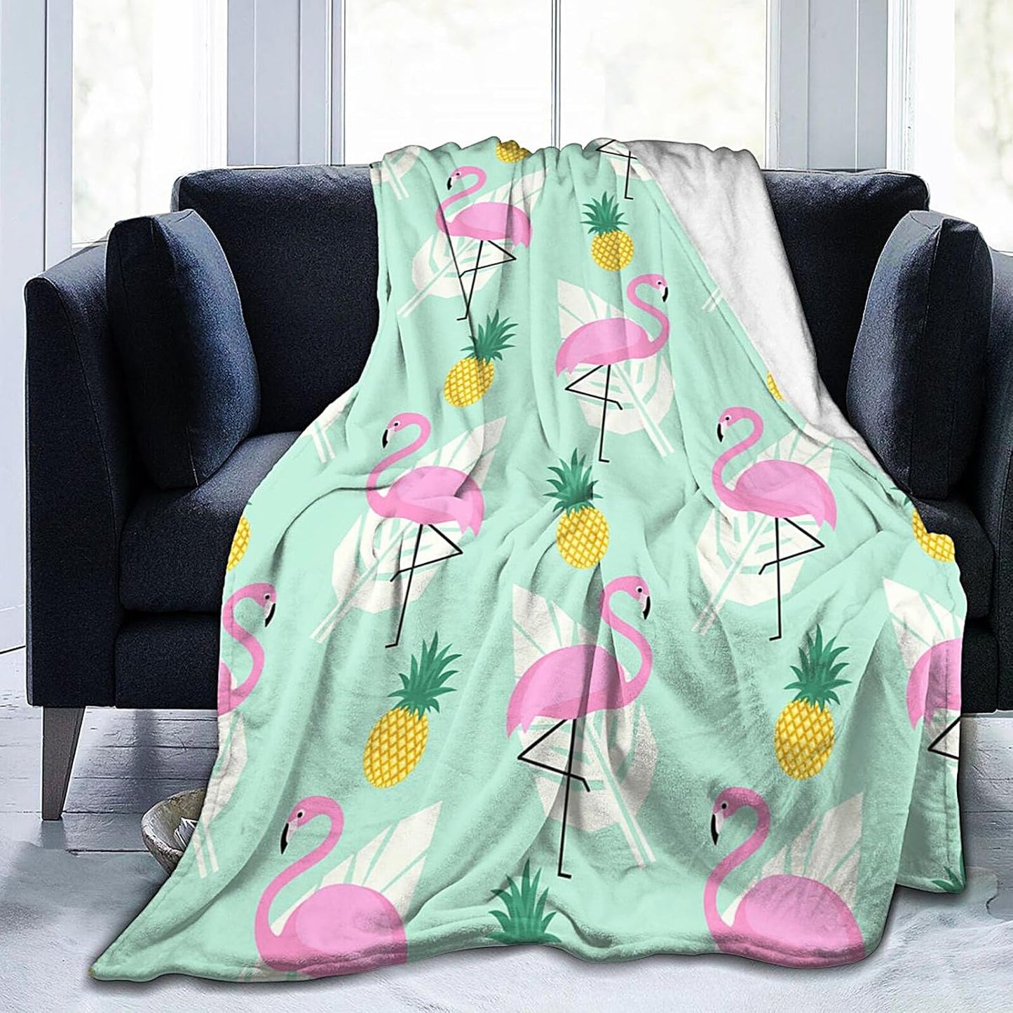 Pink Flamingo Pineapples Palm Blanket Soft Lightweight Throw Blankets Cozy Flannel Bed Throws for Sofa Couch Travel Home Room Bedroom Decor Gifts for Boys Girls Kids Adults 60"x50"