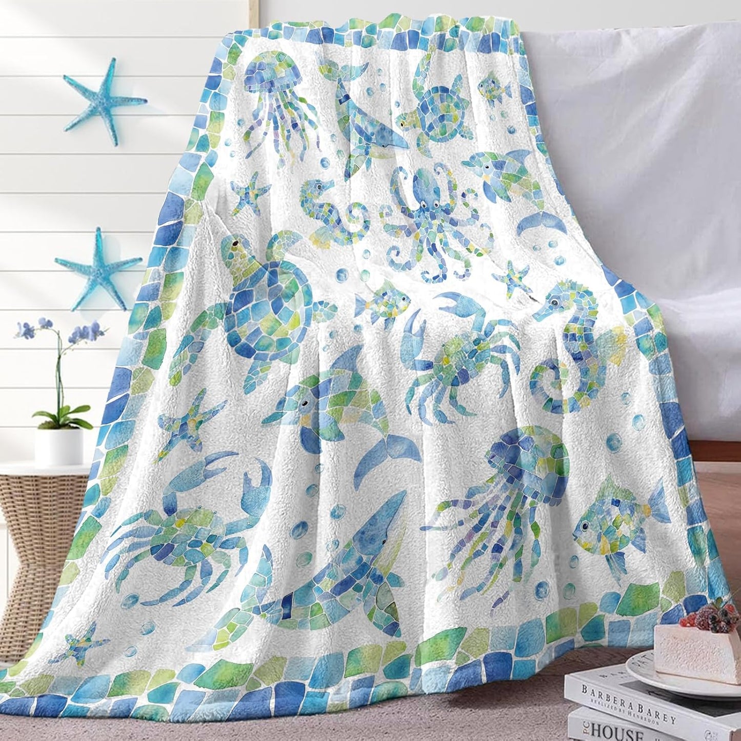 Ocean Life Mosaic Blue Flannel Throw Blanket, Coastal Whale Dolphin Octopus Sea Turtle Crab Gifts for Kids Men Women, Beach Marine Creature Soft Blanket for Bedding Sofa 50 x 60 Inches