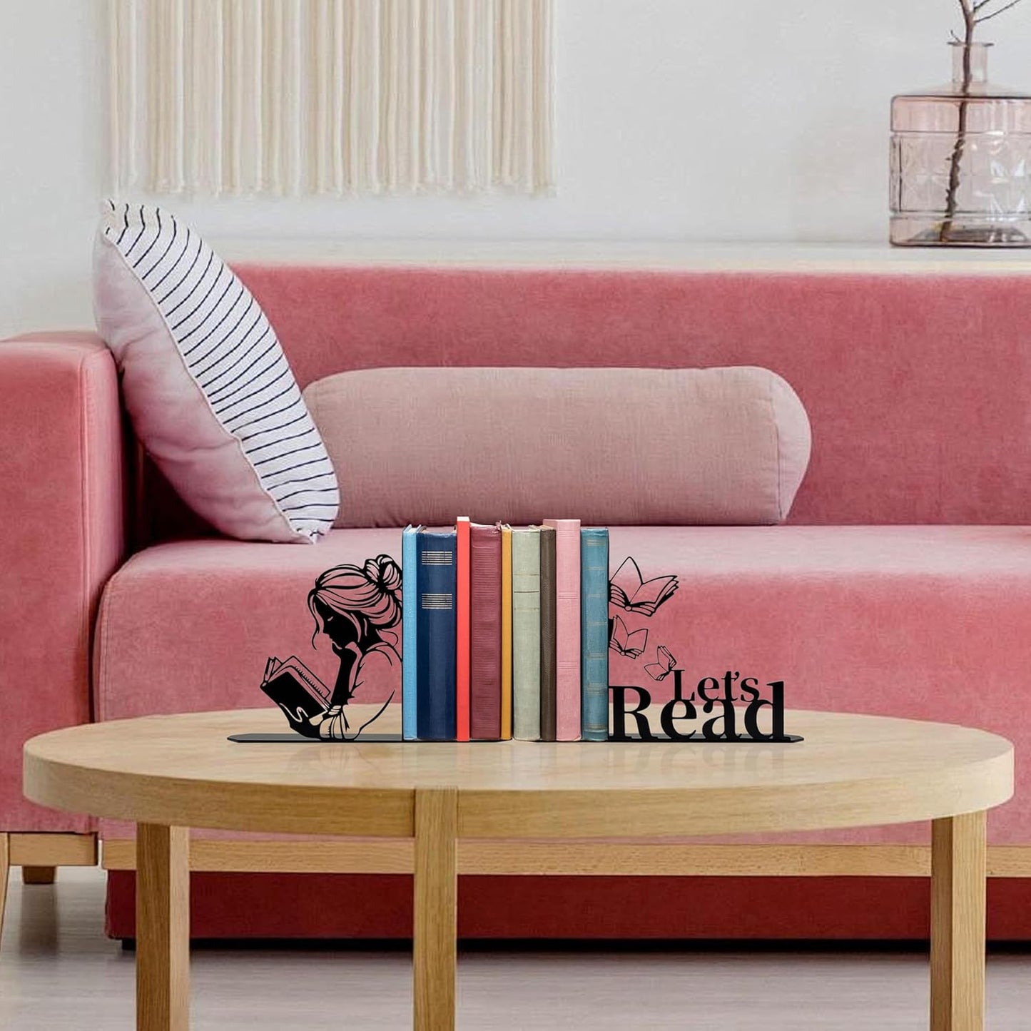 Metal Girl Reading Book Bookends，Lets Read Bookends for Shelves Bookshelf Decorative Objects Home Office Desk Bookshelf Decor Nice Gift for Women (Black)