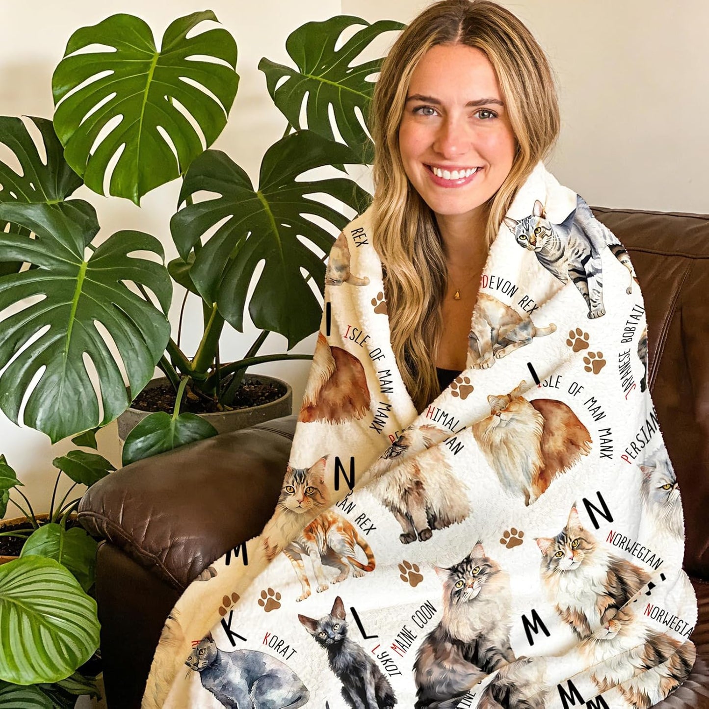 Cat Alphabet Flannel Throw Blanket, Cute Pet Breed Letter ABC Learning Birthday Gifts for Kids Boys Girls, Paw Prints Soft Bedding Sofa Blankets Present for Cat Lover Owner 50" x 60"