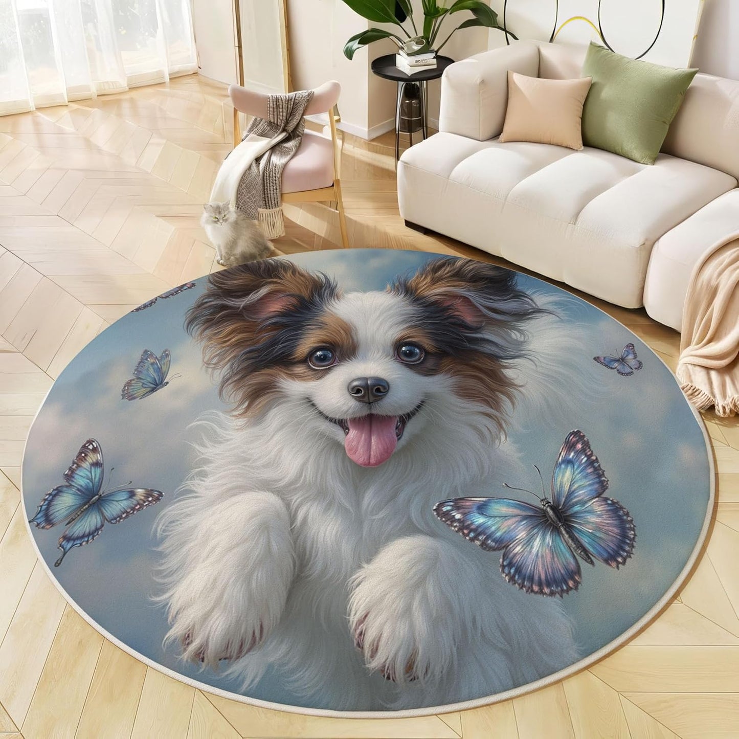 Washable Cute Puppy Butterfly Area Rug, 5Ft Round Rugs for Living Room Soft Carpet for Bedroom Animal Illustration Indoor Stain Resistant Non-Shedding Floor Carpet, Blue, 5Ft-Round