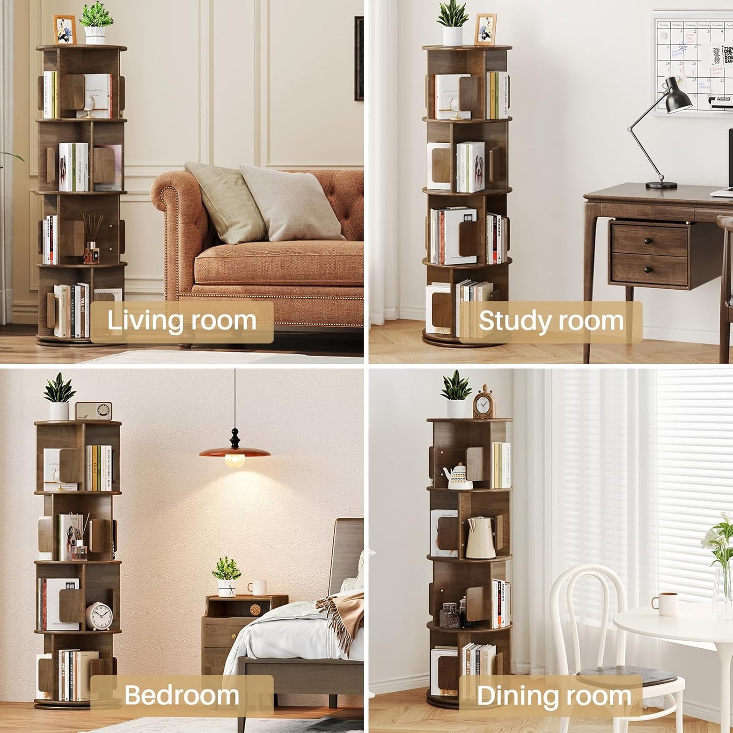Wooden Rotating Round Bookshelf Tower - 4 Tier 51“ H Tall Solid Wood Walnut Bookshelf for Small Space, 360° Spinning Revolving Modern Bookcase Tower for Living Room, Bedroom, Home Office