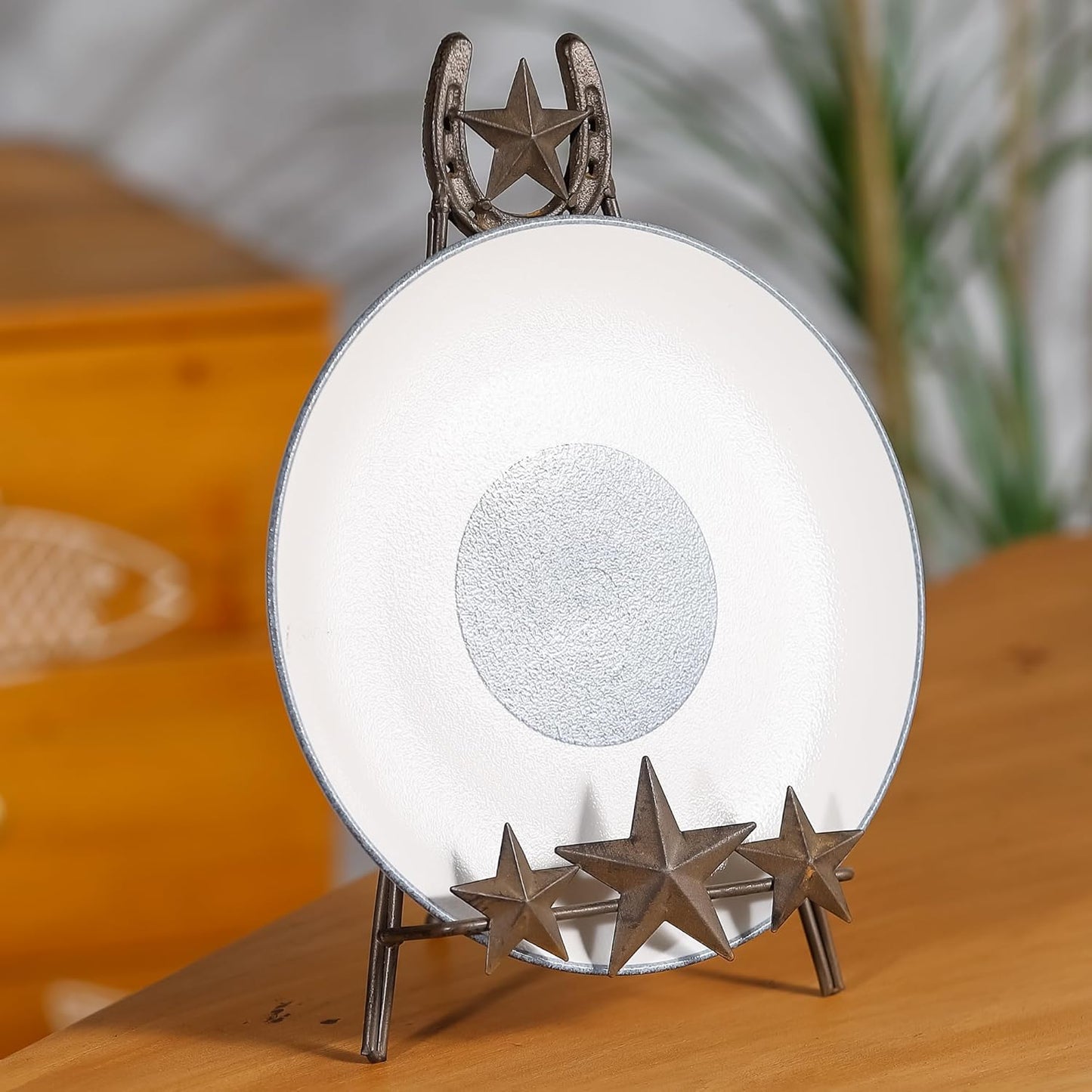 13" H Tall Horseshoe Plate Stand with Star, Metal Plate Holder Display Stand, Western-themed Picture Frame Photo Stand for Home Decor