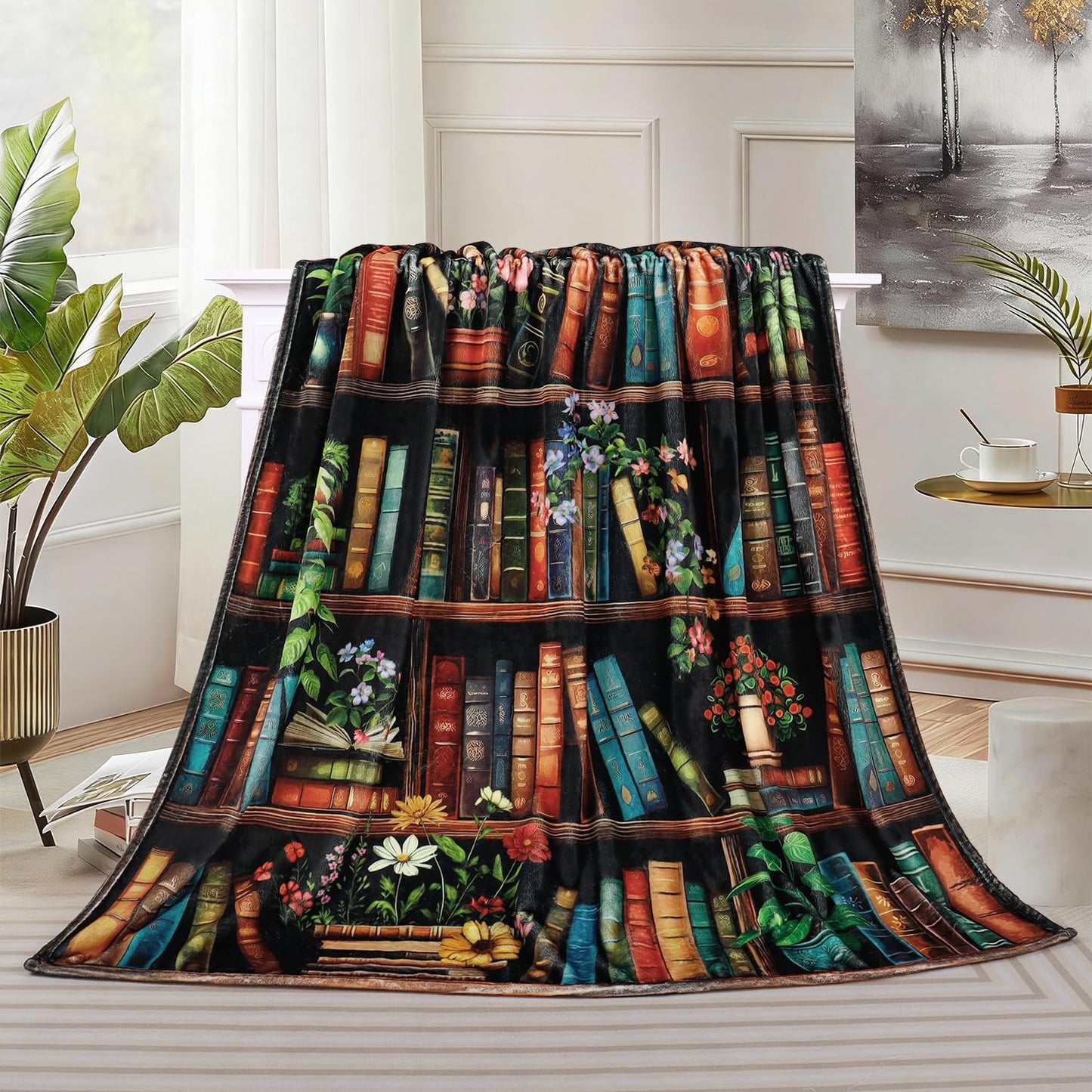 Bookshelf Throw Blanket Vintage Books Blanket for Book Lovers Reading Blankets for Readers Floral Fleece Throw Blanket Super Soft Warm Cozy Flannel Blankets for Couch Sofa Bed 50x60in