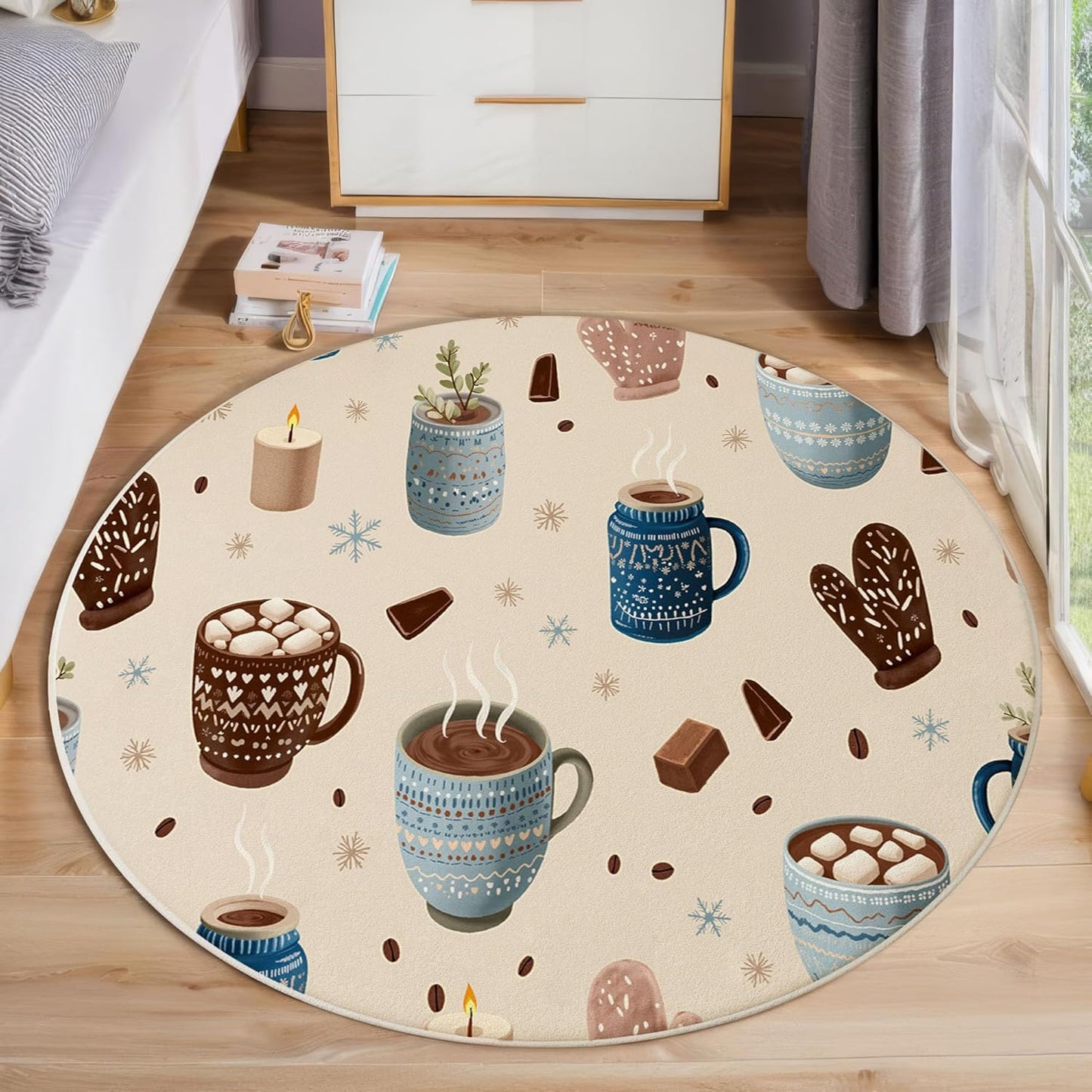 Washable Winter Hot Cocoa Snowflakes Area Rug, 4Ft Round Rugs for Living Room Soft Carpet for Bedroom Cartoon Illustration Indoor Stain Resistant Non-Shedding Floor Carpet, Beige, 4Ft-Round