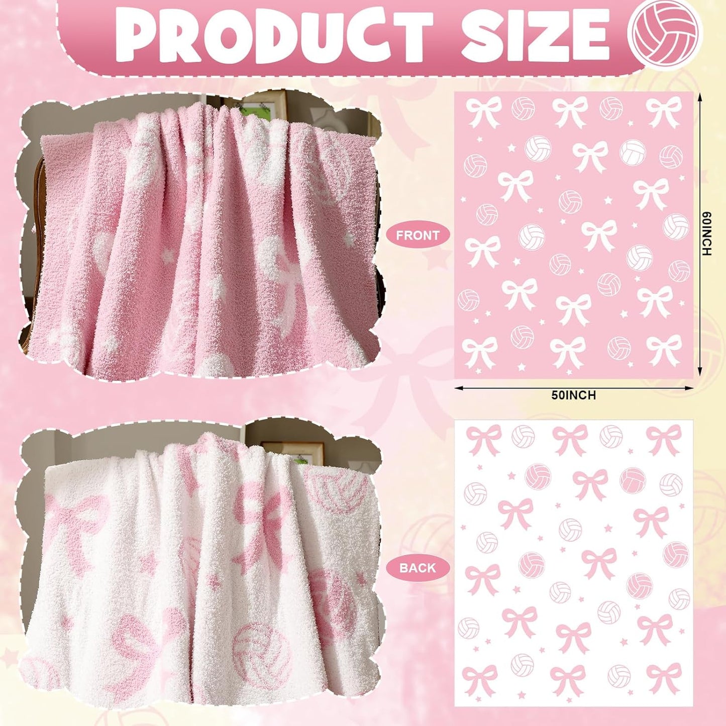Volleyball Bow Blanket for Teen Girls Reversible Coquettish Bow Sport Cute Soft Flannel Throw Blanket 50 x 60 in Washable Aesthetic Fuzzy Fleece Throw for Couch Sofa Bed Decor Gift