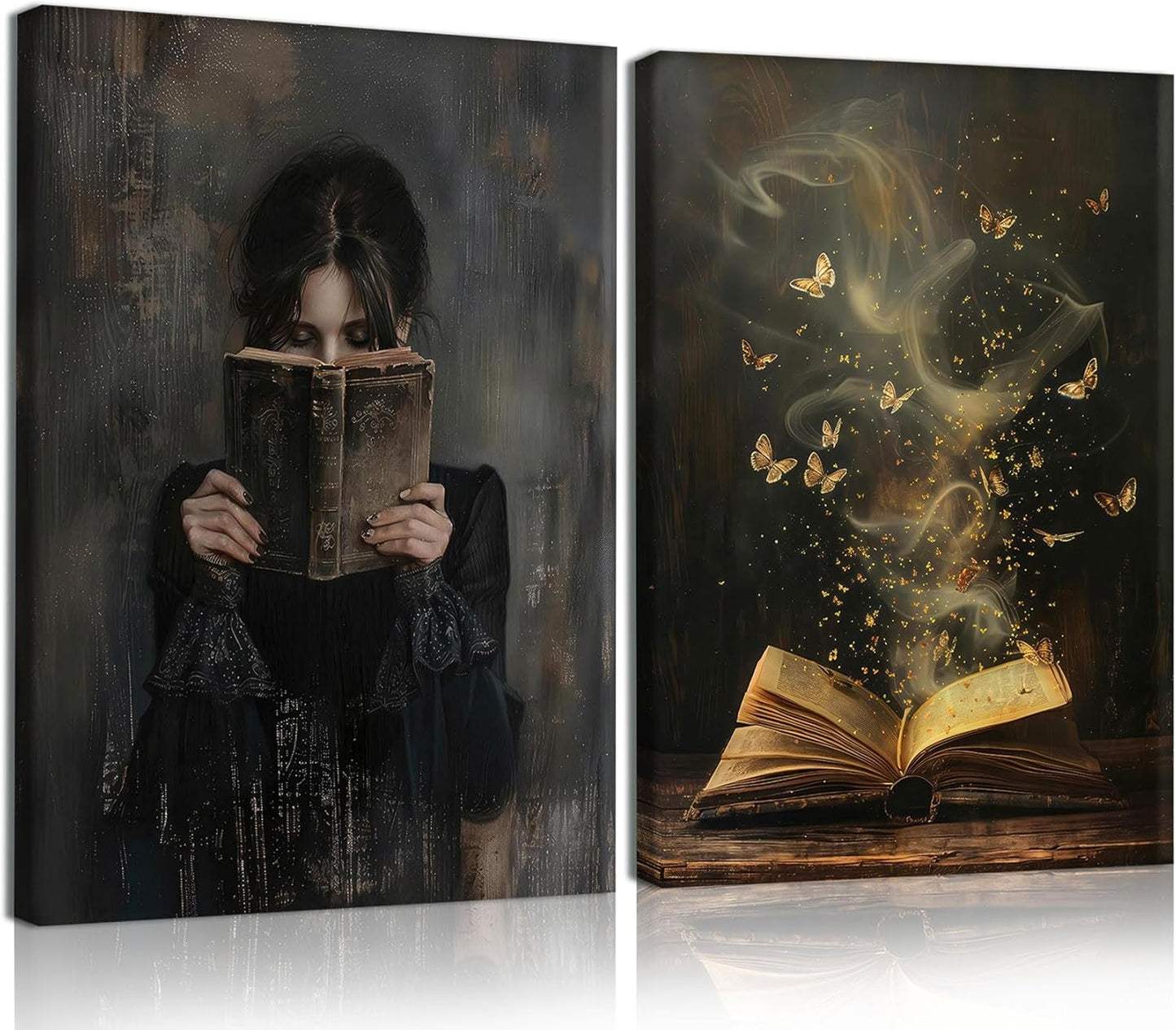 2Pcs Dark Preppy Butterfly Book Canvas Wall Art Gothic Victorian Woman Reading Magic Book Wall Decor Dark Moody Girl Posters Prints Vintage Bookish Reading Corner Paintings Pictures 12x16 Inch