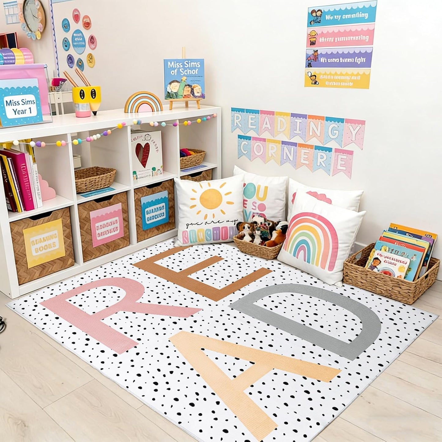 Large Classroom Rug 4.9 x 6.6 ft Read Classroom Carpets with Rubber Backing Class Carpets Playmat Read Rug Decor for Library Preschool Nursery Daycare Reading Nook Bedroom Playroom