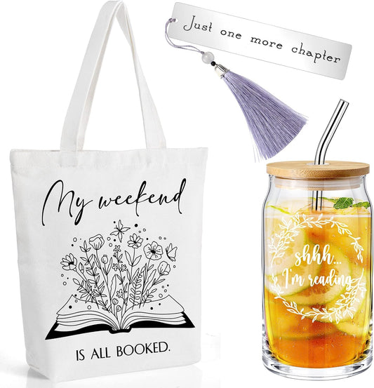 Inbagi Book Lover Gifts Bookish Set Include 16oz Drinking Glass with Bamboo Lid and Straw Stainless Steel Bookmark for Librarian Reader Club Bookworm Women(13 x 15 x 4'', Elegant)