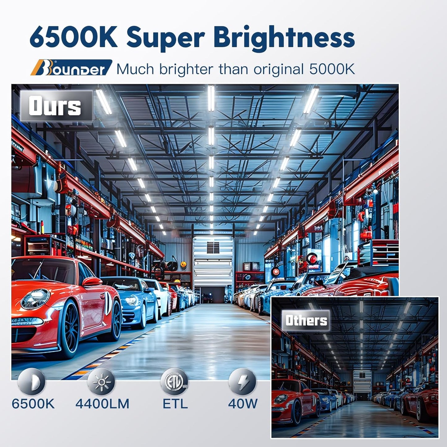 BBOUNDER 4 Pack Linkable LED Utility Shop Light, 4400 LM, Super Bright 6500K Cool Daylight, 4 FT Integrated Fixture for Garage, 40W Equivalent 250W, Surface + Suspension Mount, Black
