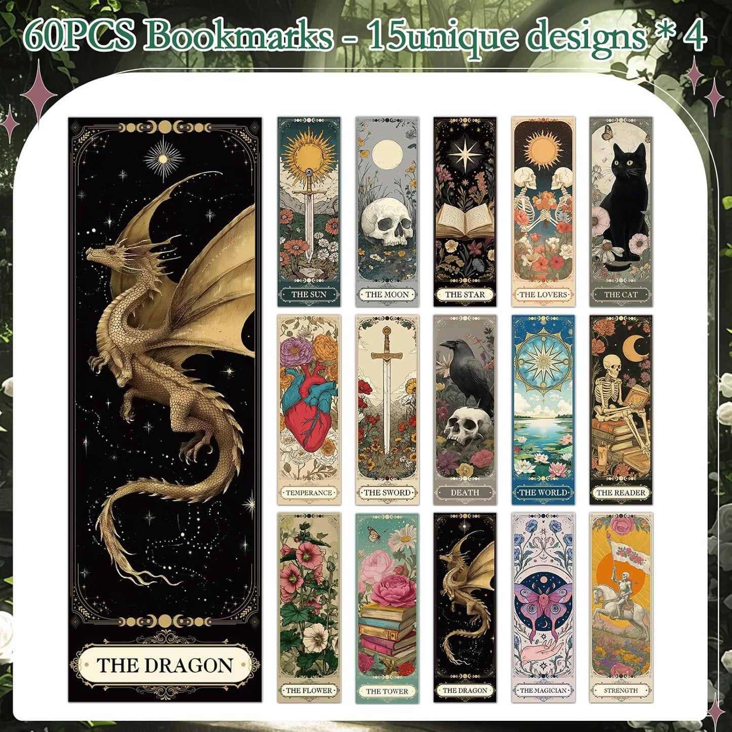 Tarot Cards Bookmarks Gifts - 60 Pcs Dark Romance Bookmarks for Women Men Moon Owl Butterfly Book Marks Book Markers Page Marker Clip Gift for Students Teachers Bookish Book Lovers Reading