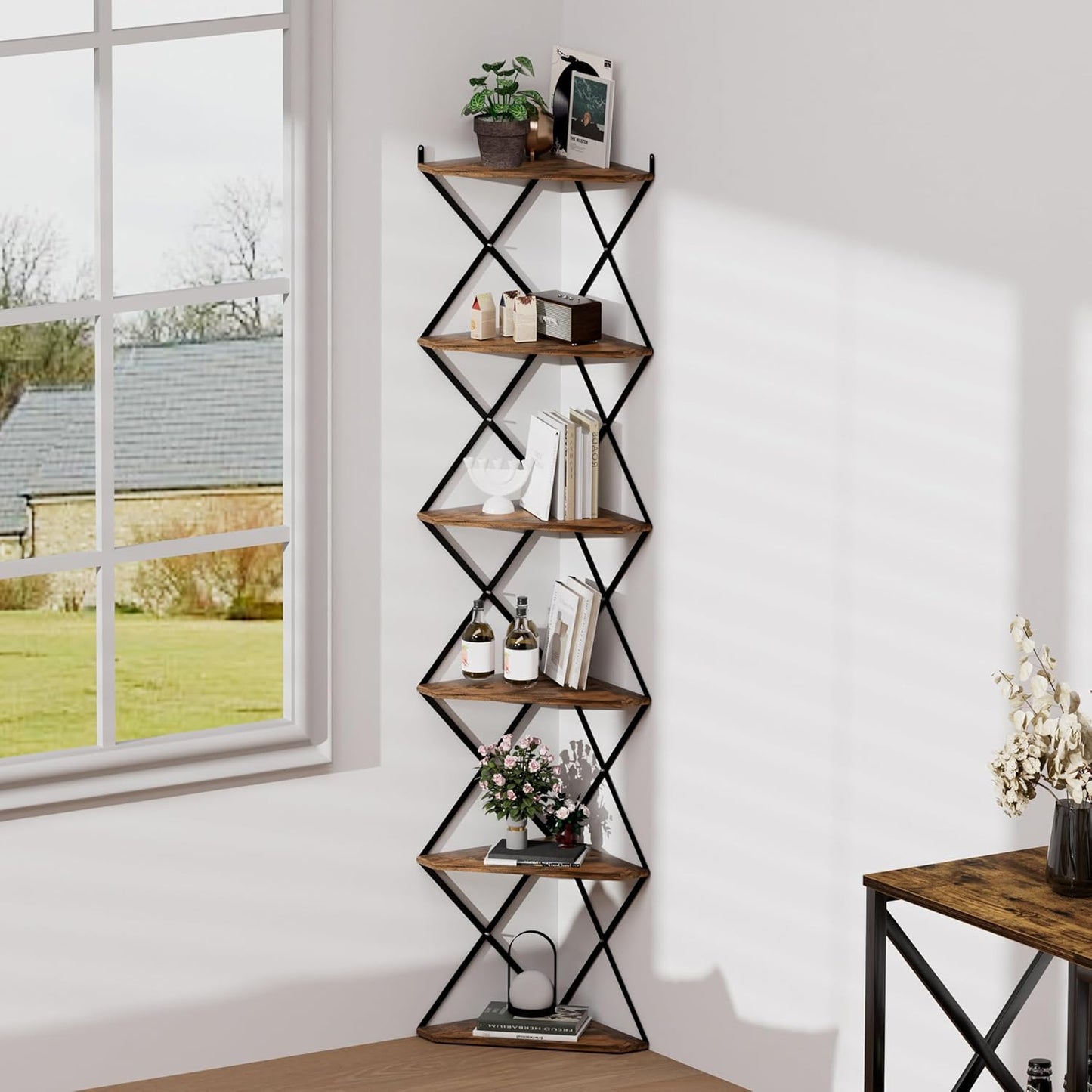 6 Tier Wall Mounted Corner Shelf Stand, Industrial Corner Bookshelf with X Metal Frame, Tall Standing Shelf Organizer, Bookcase, Plant Stand for Living Room, Bedroom Rustic Brown CS-006RB