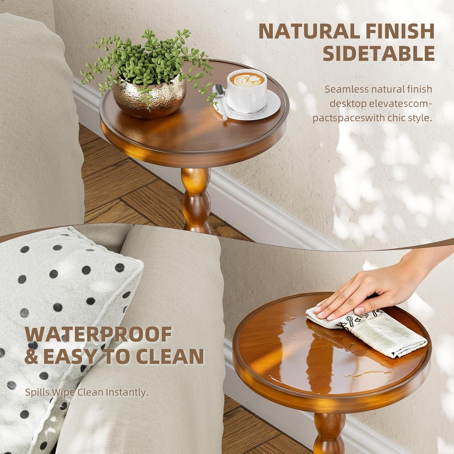 Simple Trending Small Side Table, Round Drink Table for Small Spaces, Pedestal Coffee Table for Living Room, Rustic Brown