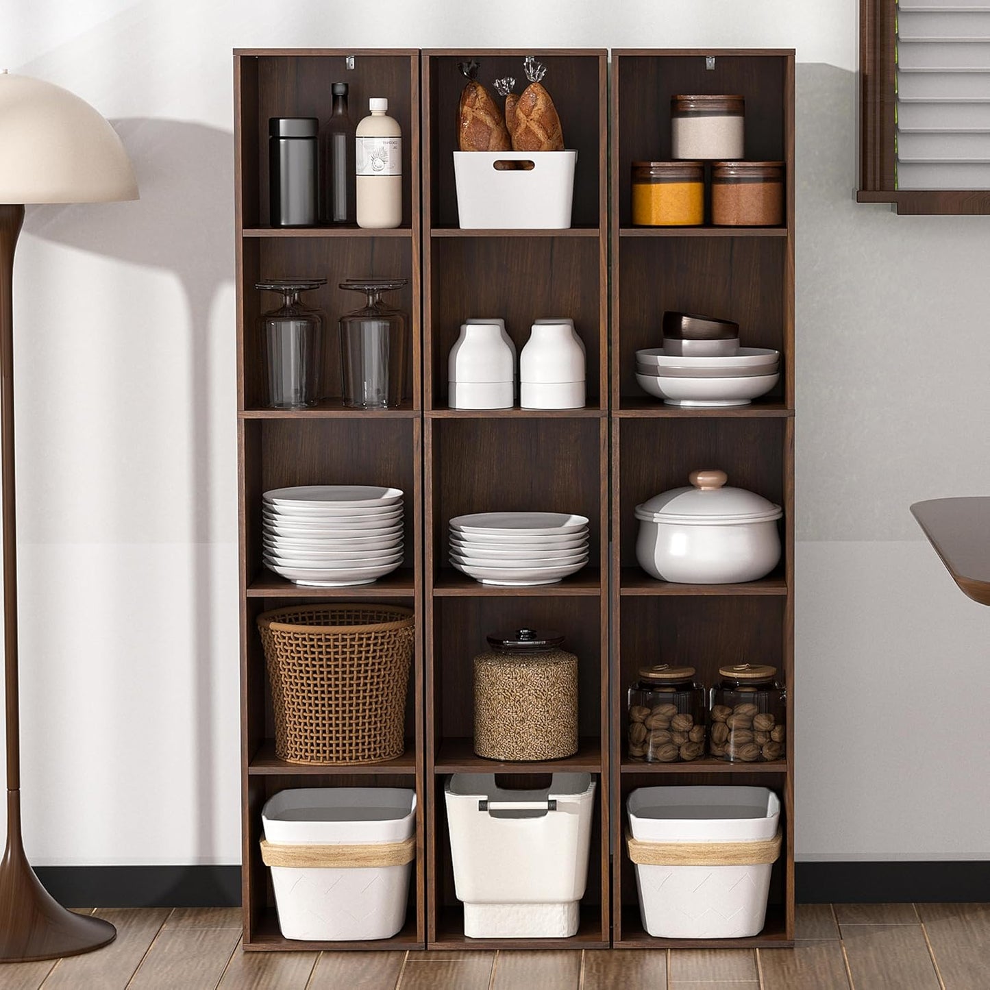 5 Cube Storage Organizer, 5 Tier Cube Low Bookcase Freestanding Storage Display Organizer, Three-Cubes Open Shelf Bookshelf for Home Office (Dark Brown,Black Walnut, 5-Cube)