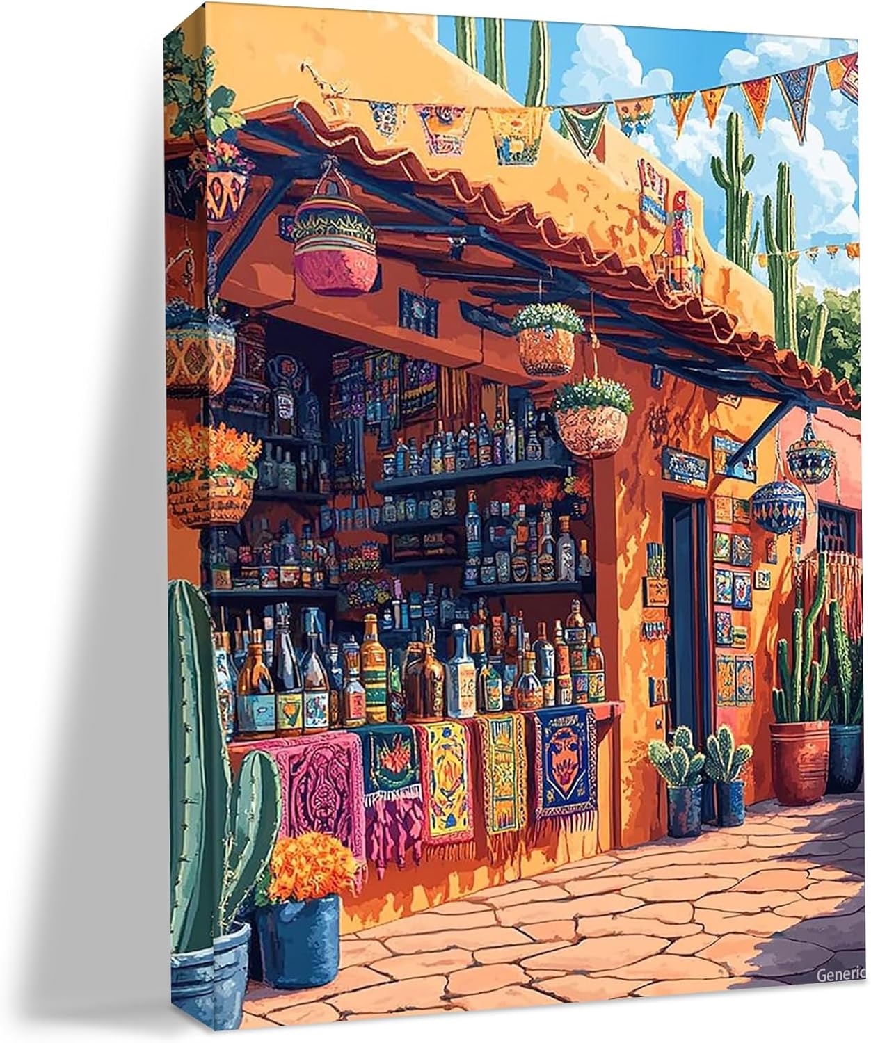 Mexican Tequila Bar Wall Art Colorful Table Runners, Cactus Plants, and Rustic Decor Southwestern Style Canvas Print for Kitchen, Dining Room Home Bar 8x10inch Framed