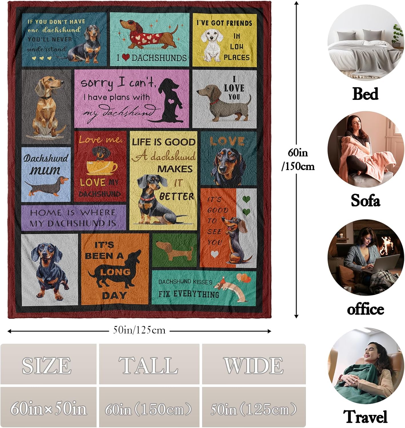 Christmas Dachshund Gifts, Dachshund Gifts for Women, Dachshund Blanket 50" X 60", Weiner Dog Gift for Women, Christmas Birthday Dachshund Lovers Gifts, Weiner Decor Throw