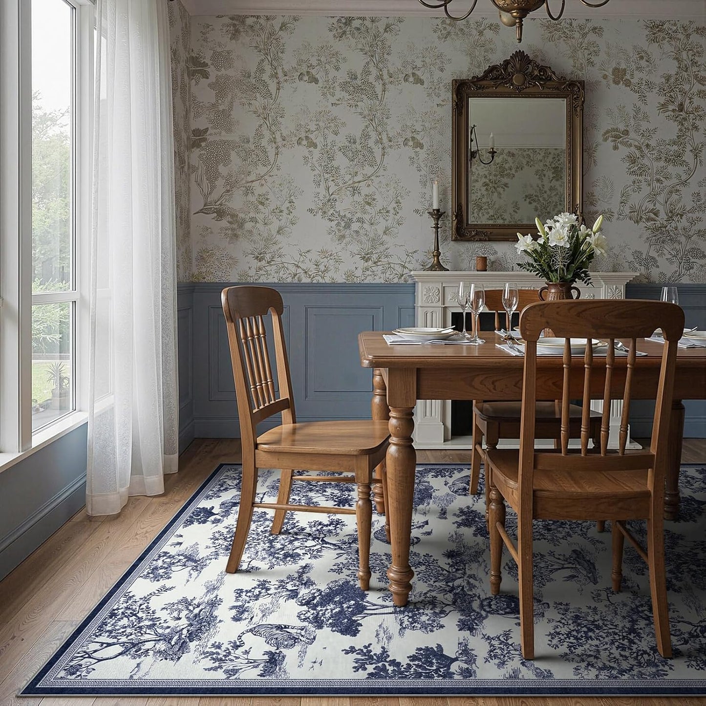 LIVEBOX 5x7 Area Rugs Toile Delft Blue Rug for Living Room, Washable Rug for Bedroom Dining Room Nursery Room, Soft Low Pile Non Slip, Vintage Animal Jungle Unique Classic Print Carpet Home Décor