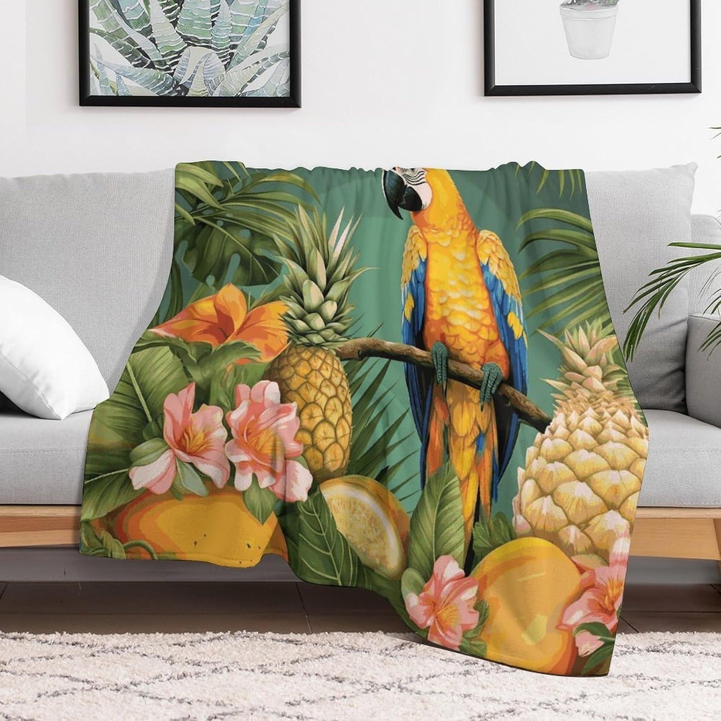 Summer Parrot Pineapple Bird Blanket Super Soft Lightweight Throw Blanket Cute Cozy Warm Bed Blanket Decorative Fuzzy Blanket All-Season Home Decor Gift for Sofa Couch Living Room 50"*60"（130*150cm）