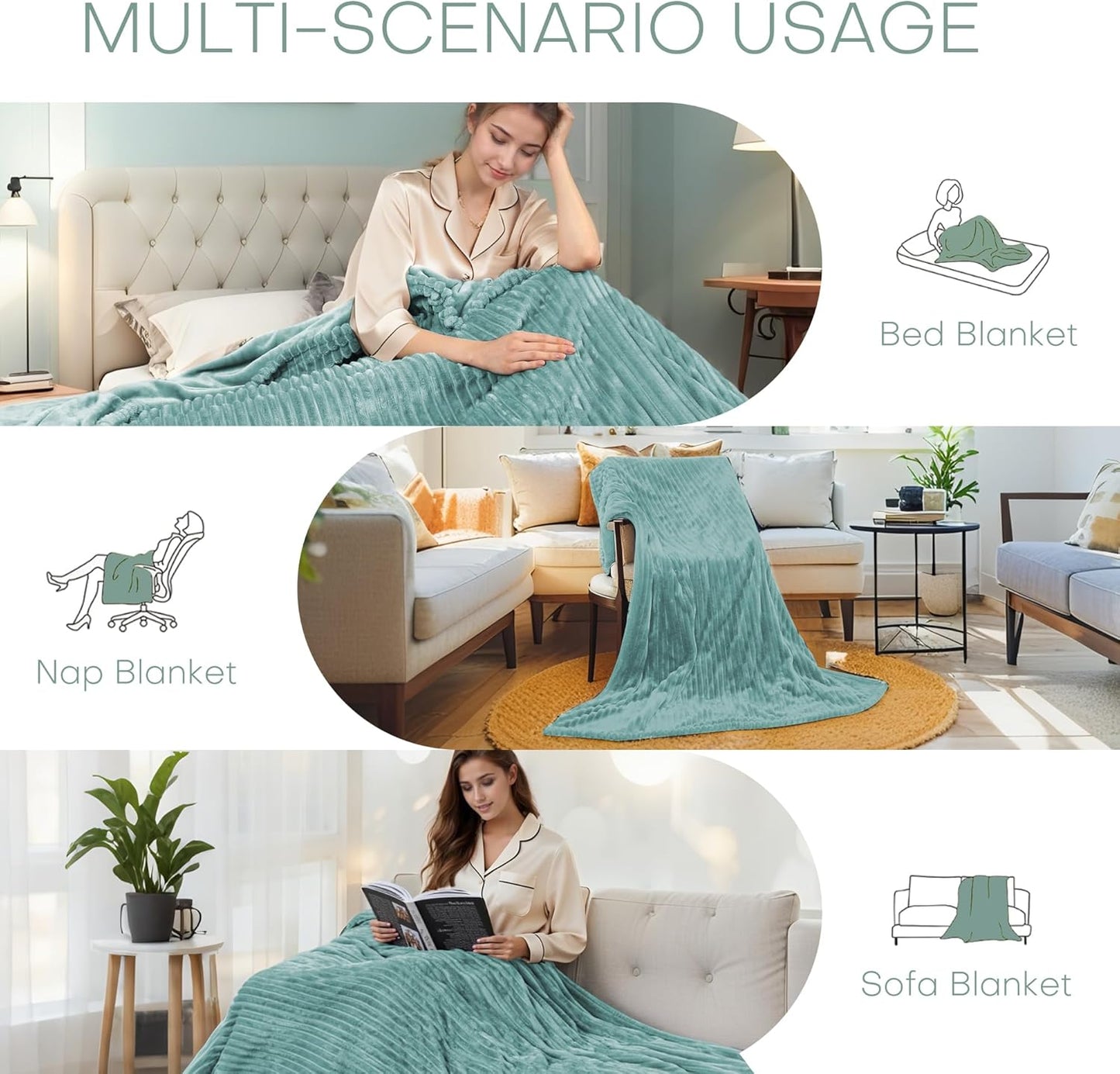 Electric Heated Blanket Twin Size 62"x84" with Cozy Flannel, 6 Heat Settings & 10 Hours Auto Off, Soft & Cozy Warming Throw for Home, Office, or Bed, Machine Washable, Bean Green