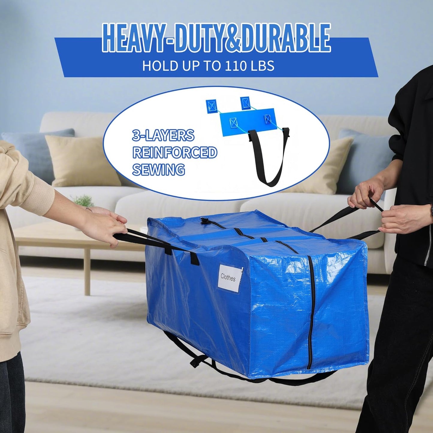 BAGAIL Heavy Duty Moving Bags with Strong Handle, Extra Large Moving Boxes, Storage Tote for Clothes, College Moving Supplies(Blue, Backpack, 2 Pack)