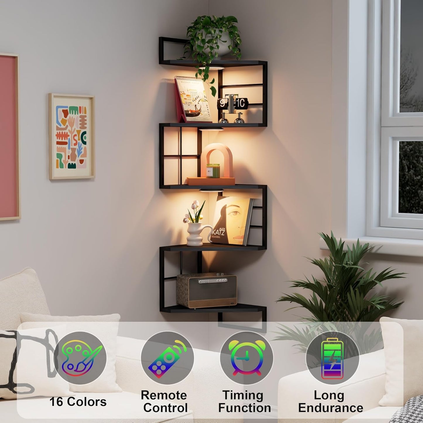 Floating Corner Shelves with Light - 5 Tiers Metal Corner Shelf Wall Mounted for Bedroom Living Room Office Kitchen, Easy-to-Assemble Corner Wall Shelves, Black