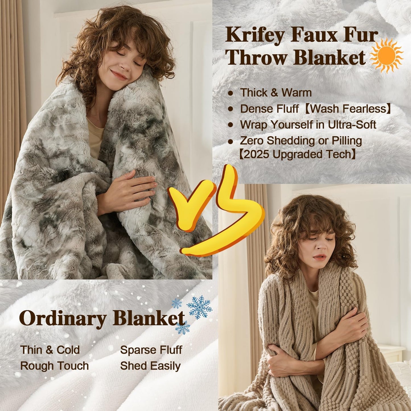 Krifey Oversized Faux Fur Throw Blanket, Soft Fluffy Fuzzy Cozy Blanket for Couch, Sofa and Bed, Luxury Mink Plush for Women, Room Home Dorm Decor, Marbled Gray 60" x 80", Warm 600GSM